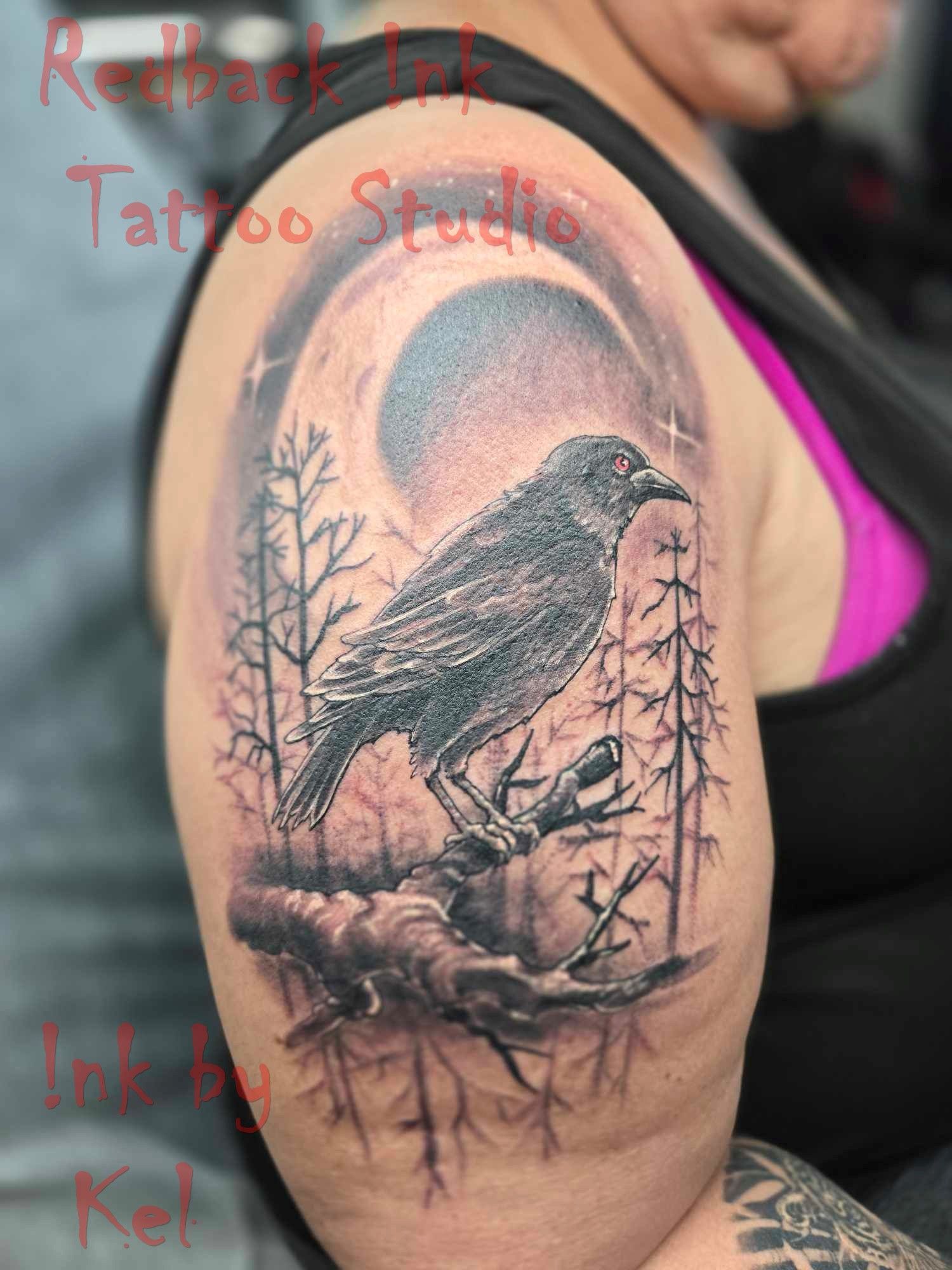 Black and Gray Tattoo of a Bird Perched on a Branch — Redback !nk Tattoo Studio in Kawana, QLD