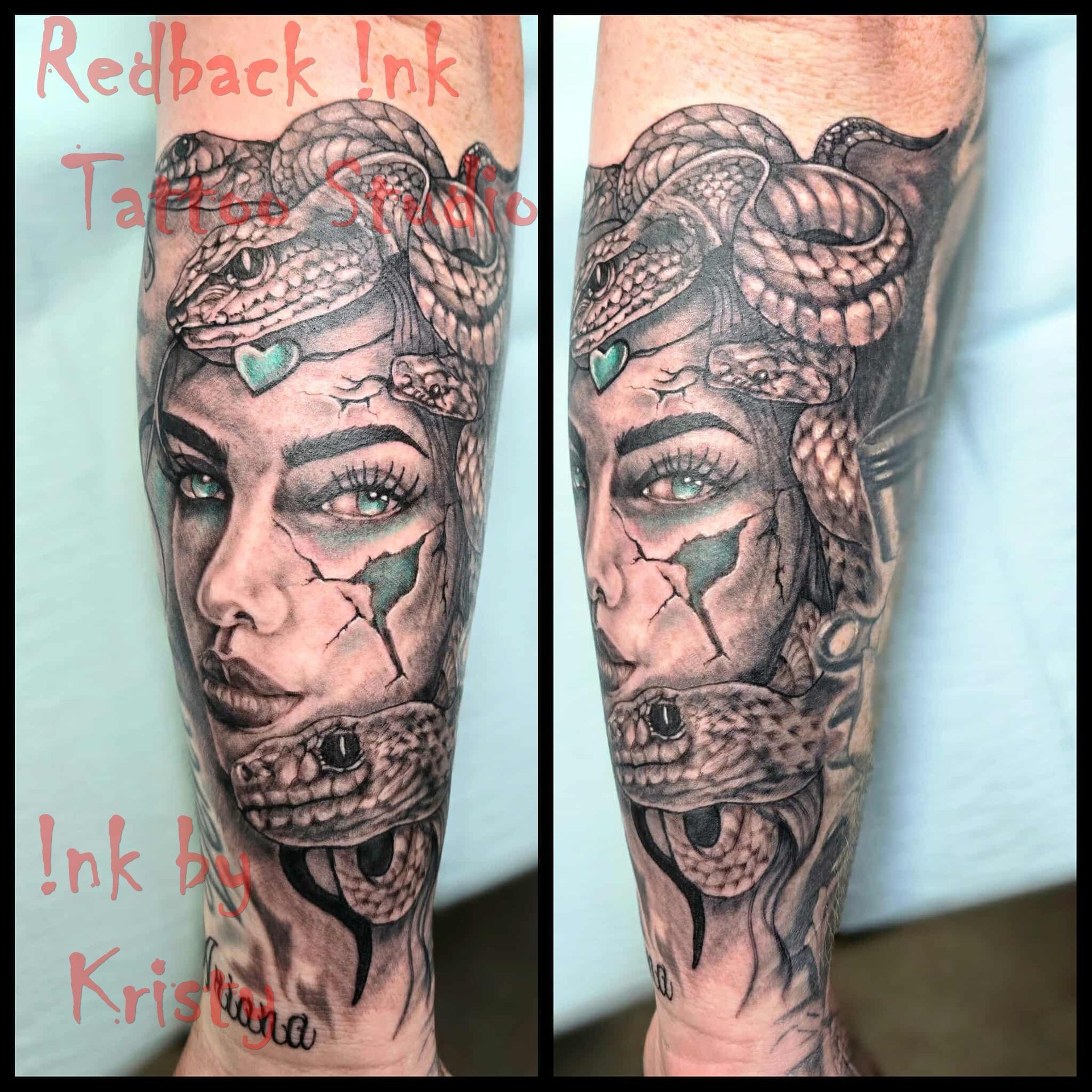 Black and gray Medusa tattoo on arm, snakes, cracked face, green gem. — Redback !nk Tattoo Studio in Kawana, QLD