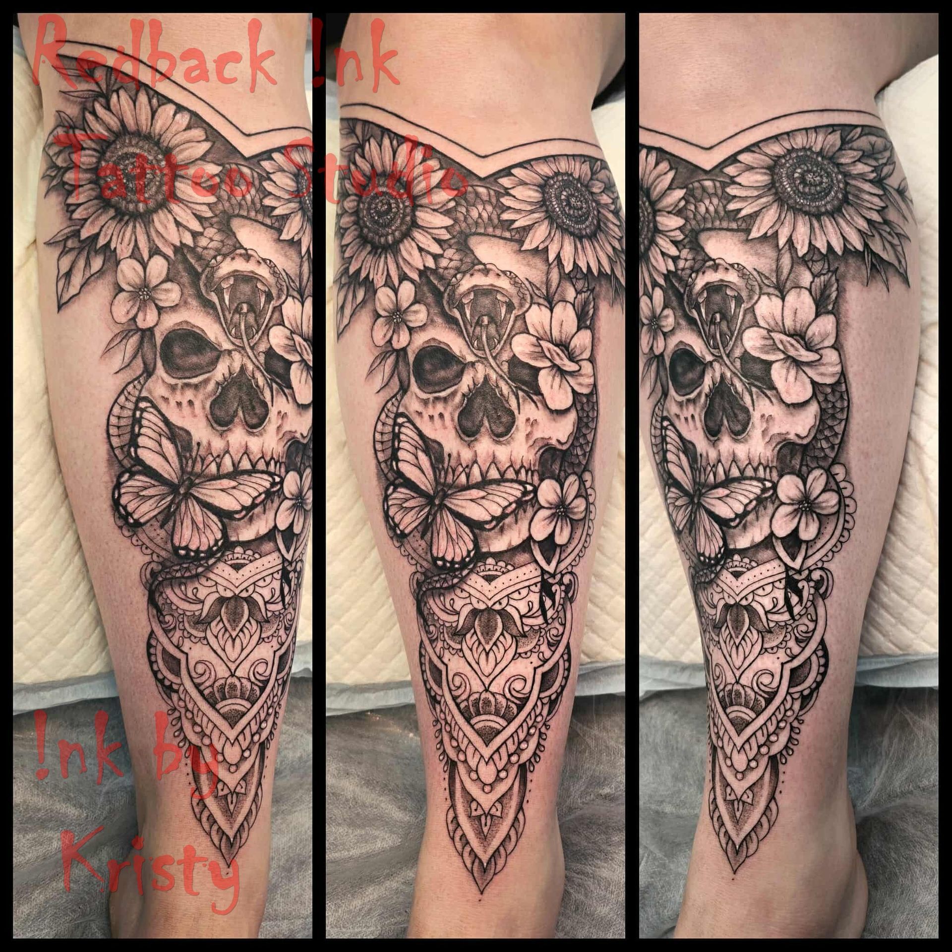 Tattoo of a Skull With Sunflowers, Butterflies, and Intricate Lace Design — Redback !nk Tattoo Studio in Kawana, QLD