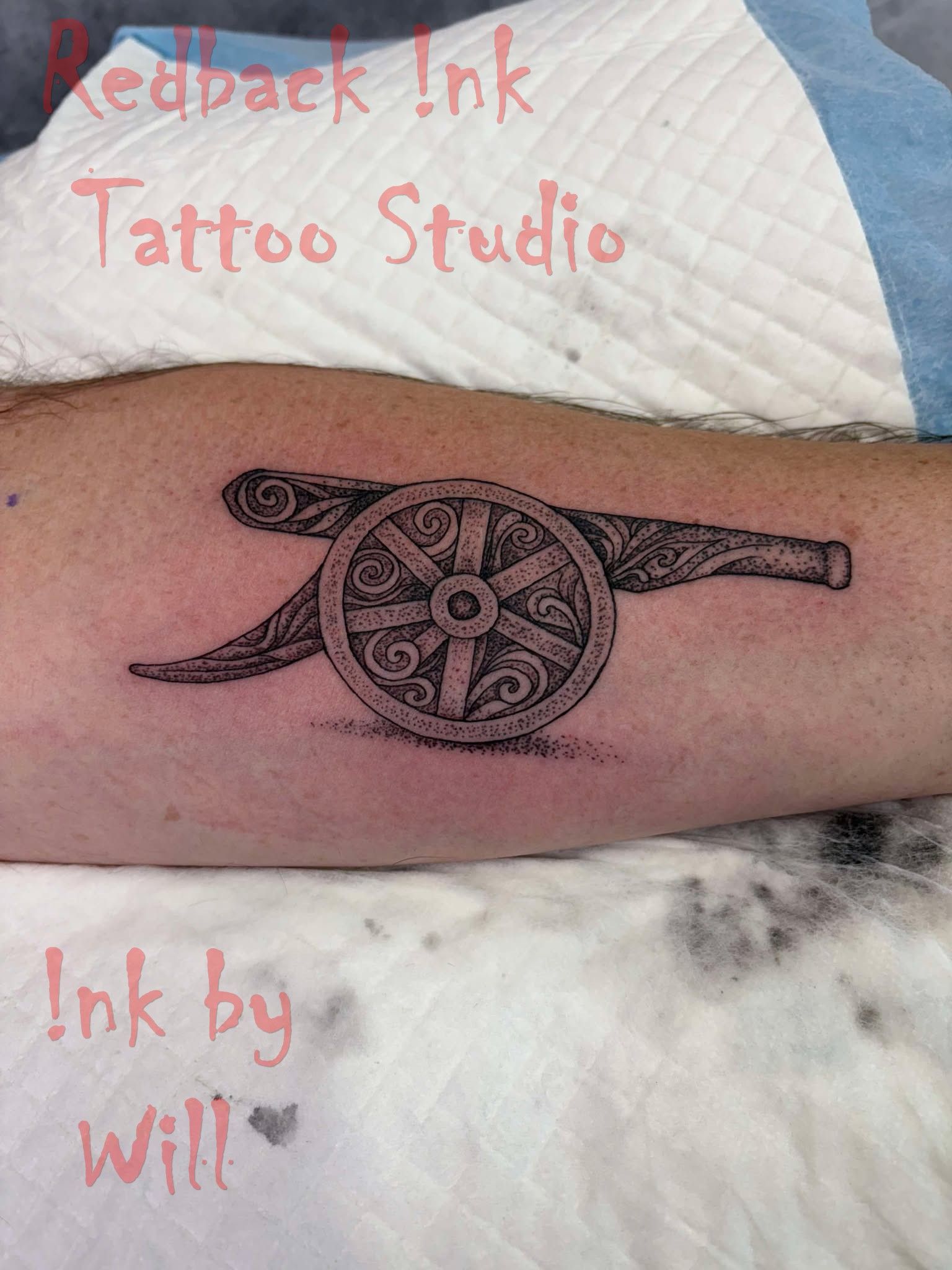 Tattoo of the Arsenal Cannon on a Forearm — Redback !nk Tattoo Studio in Kawana, QLD