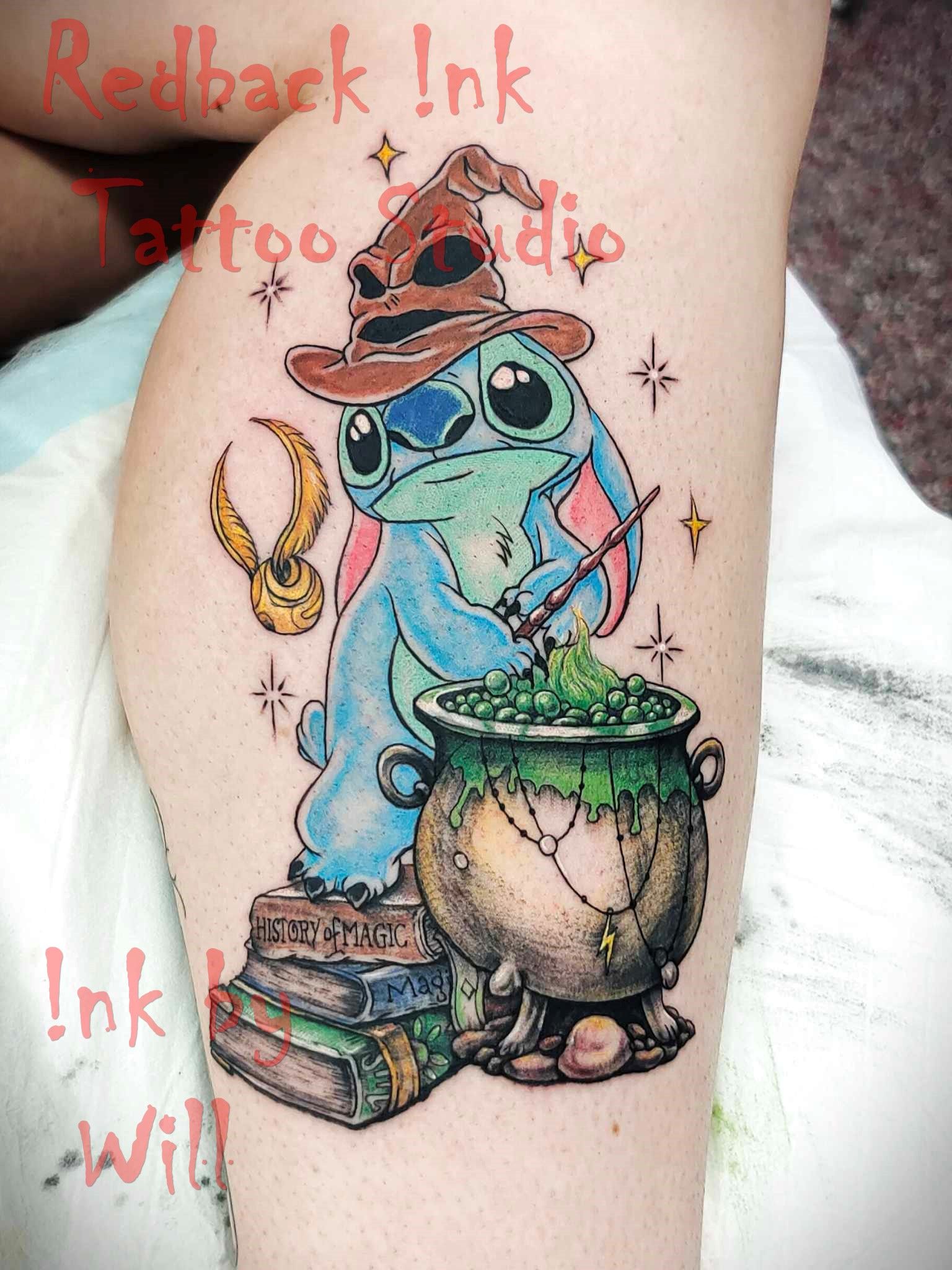 Stitch in a Sorting Hat, Brewing a Potion. Tattoo on Leg — Redback !nk Tattoo Studio in Kawana, QLD