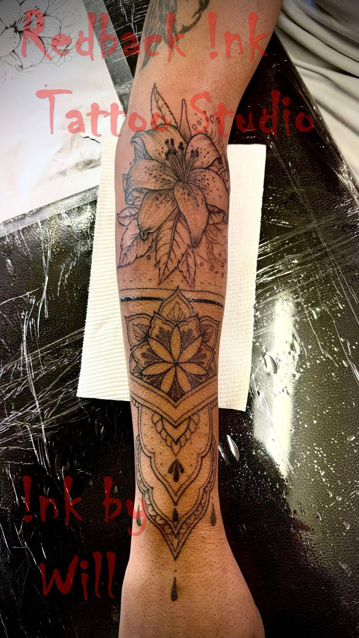 Tattoo of a Flower and Geometric Pattern on an Arm, Inked — Redback !nk Tattoo Studio in Kawana, QLD