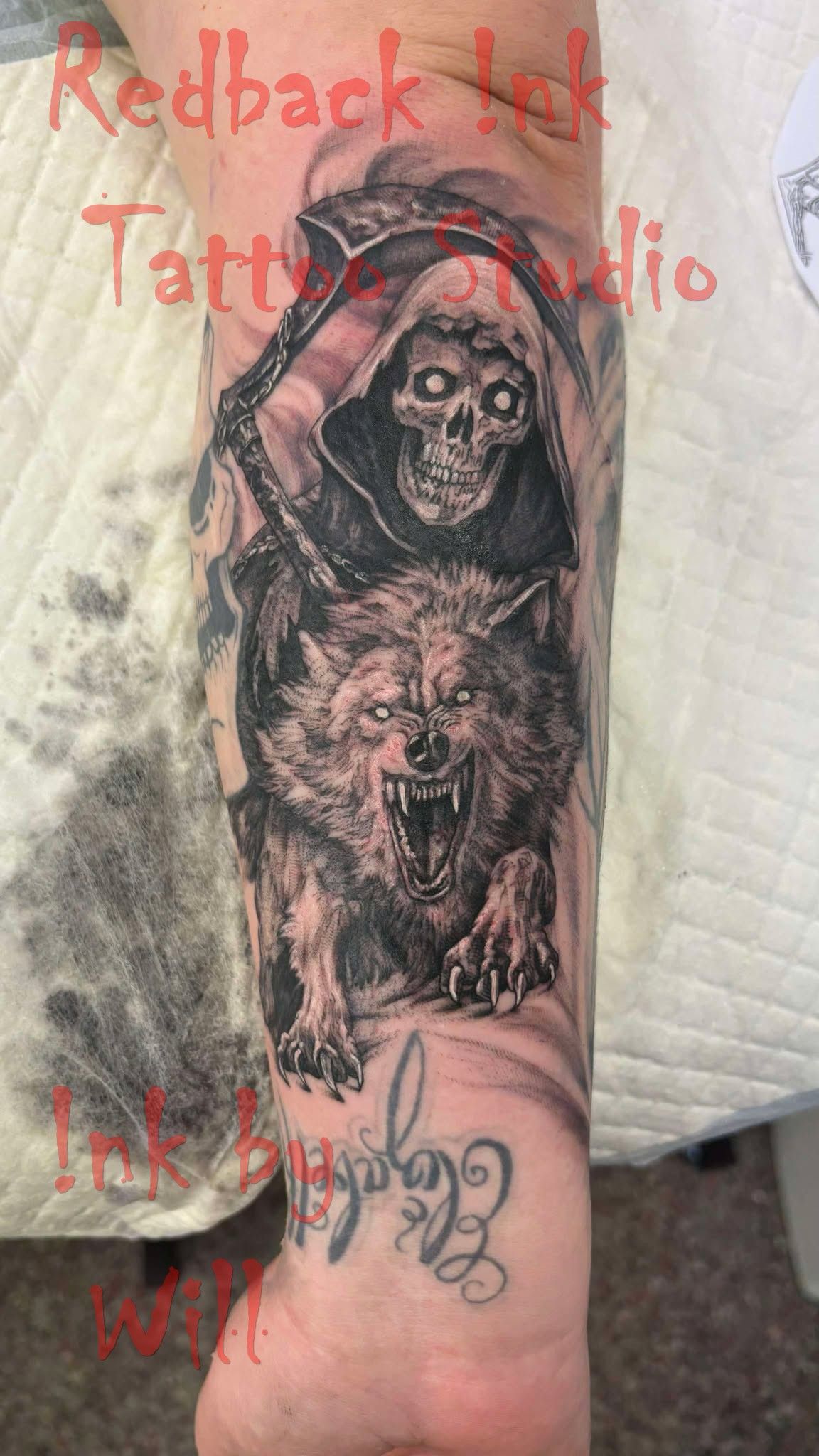 Grim Reaper on Wolf Tattoo. Skull-faced Reaper in Hood on Snarling Wolf — Redback !nk Tattoo Studio in Kawana, QLD