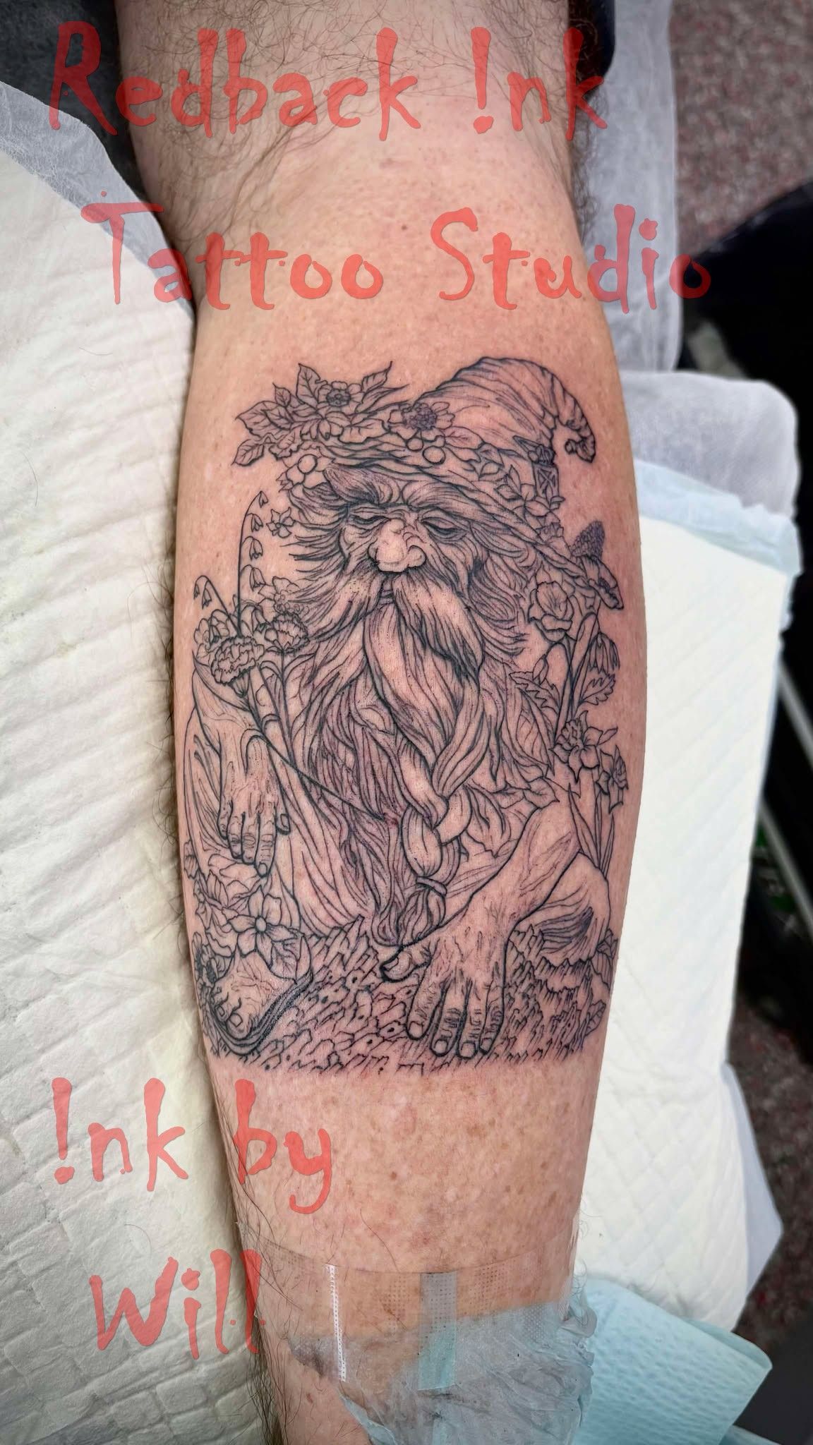 Tattoo of a Bearded Figure in a Hat, on a Leg — Redback !nk Tattoo Studio in Kawana, QLD