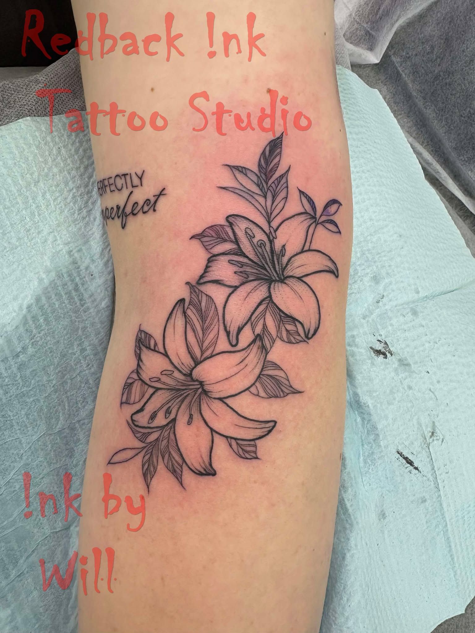 Tattoo of Two Lilies on an Arm, Outlined in Black, With Leaves — Redback !nk Tattoo Studio in Kawana, QLD