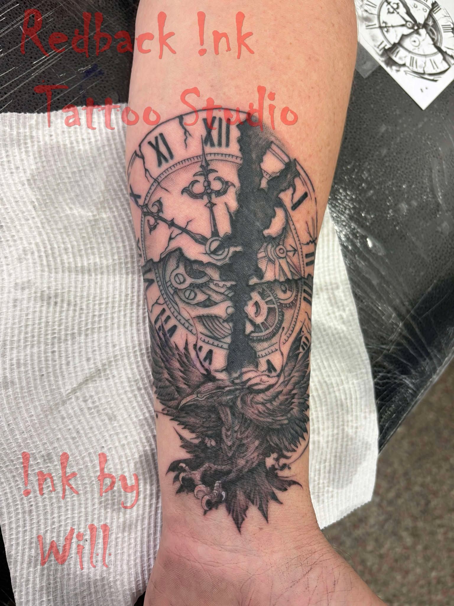 Black and Gray Owl and Clock Tattoo on an Arm. The Tattoo Design — Redback !nk Tattoo Studio in Kawana, QLD