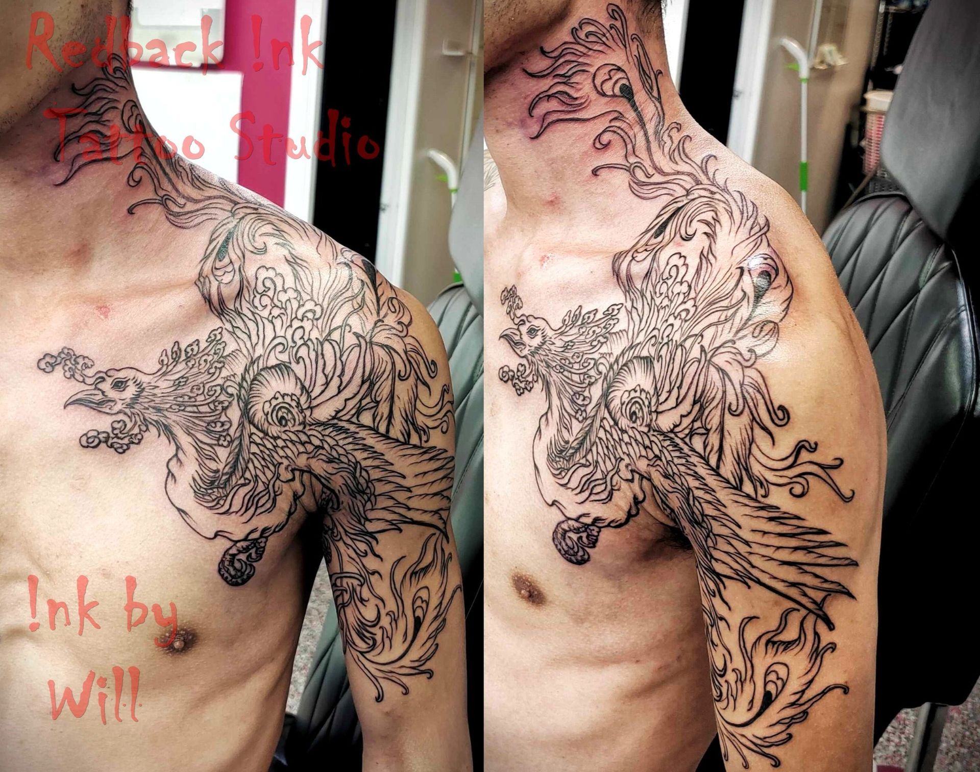 Black Tattoo on a Person's Chest and Shoulder — Redback !nk Tattoo Studio in Kawana, QLD