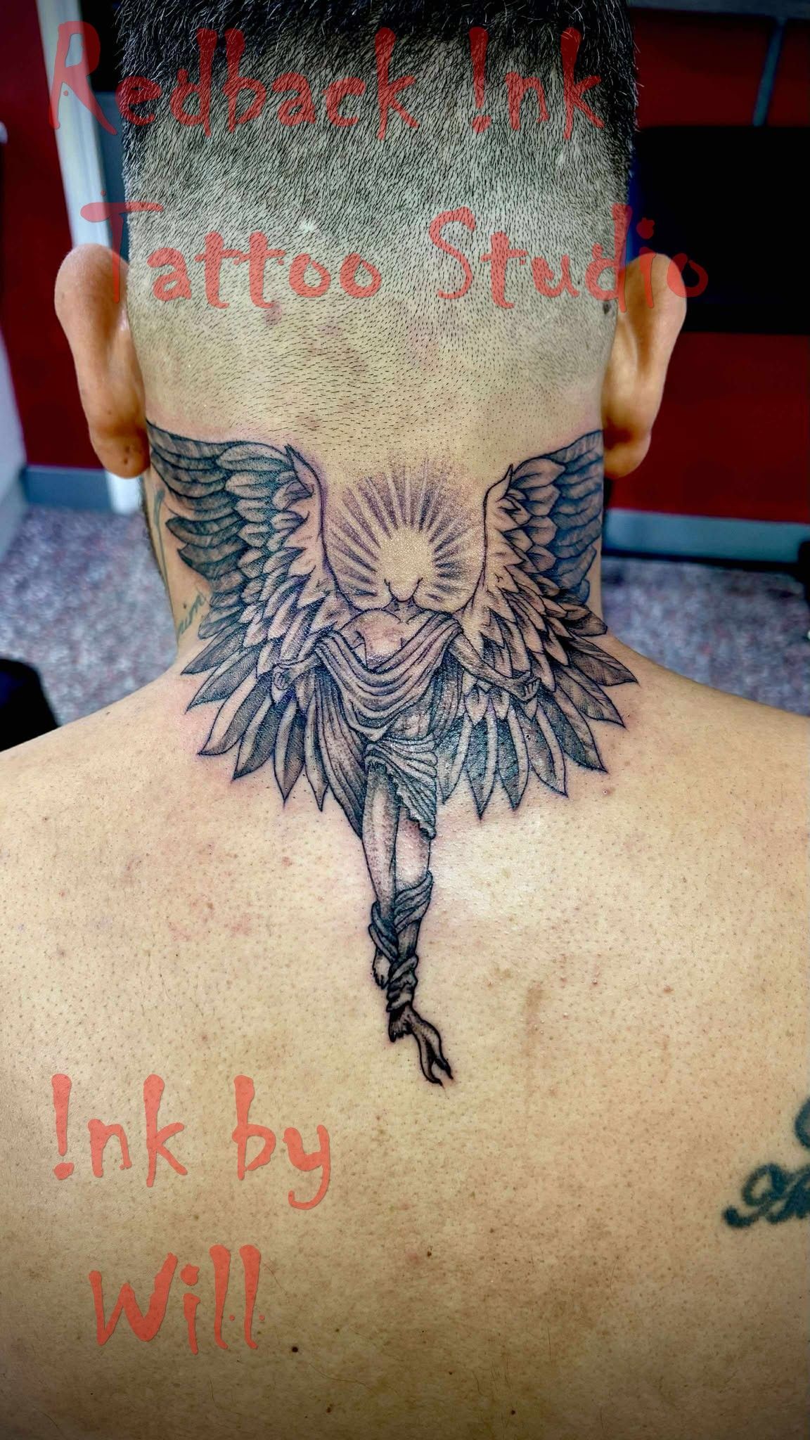 Tattoo of an Angel With Outstretched Wings on a Person's Neck and Upper Back — Redback !nk Tattoo Studio in Kawana, QLD