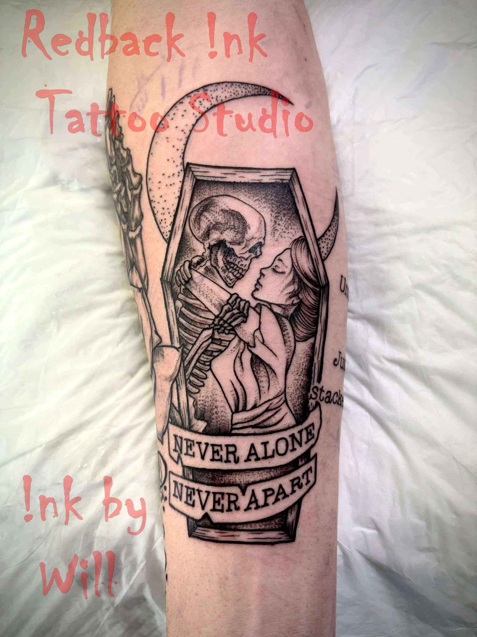 Tattoo of a Skeleton and a Woman Embracing in a Coffin — Redback !nk Tattoo Studio in Kawana, QLD