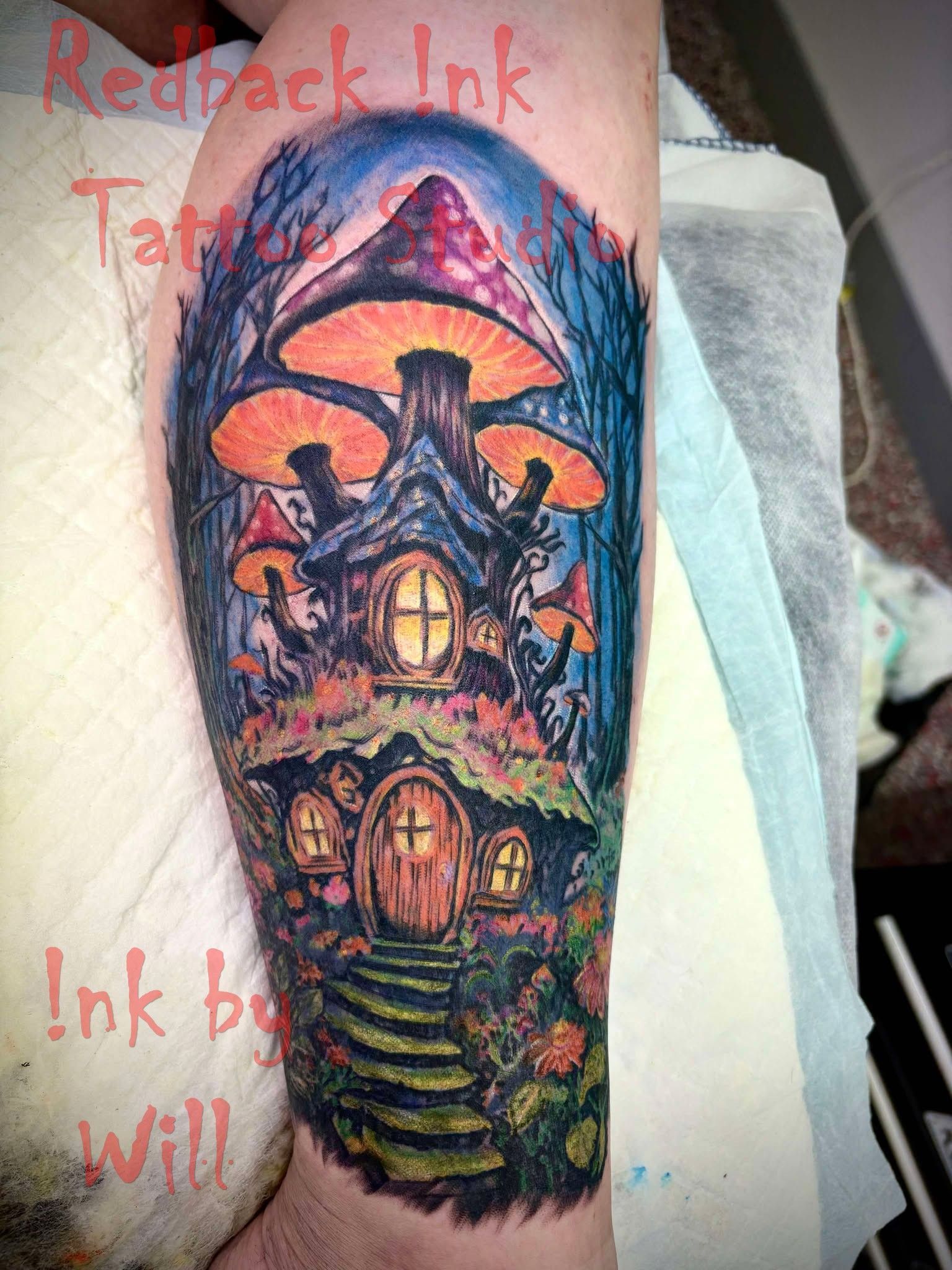 Colourful Mushroom House Tattoo on a Person's Leg — Redback !nk Tattoo Studio in Kawana, QLD