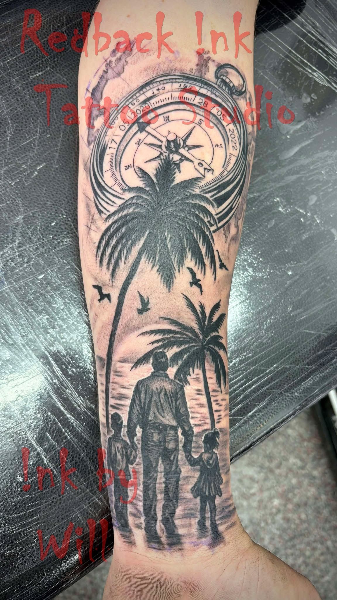 Tattoo of a Father and Two Children Walking on a Beach — Redback !nk Tattoo Studio in Kawana, QLD