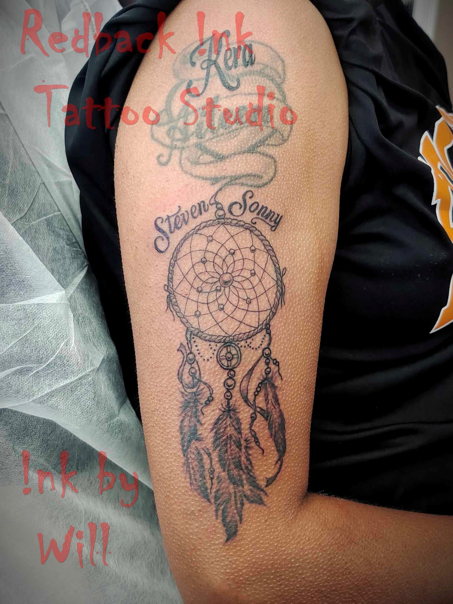 Tattoo on Arm of Dream Catcher and Names — Redback !nk Tattoo Studio in Kawana, QLD