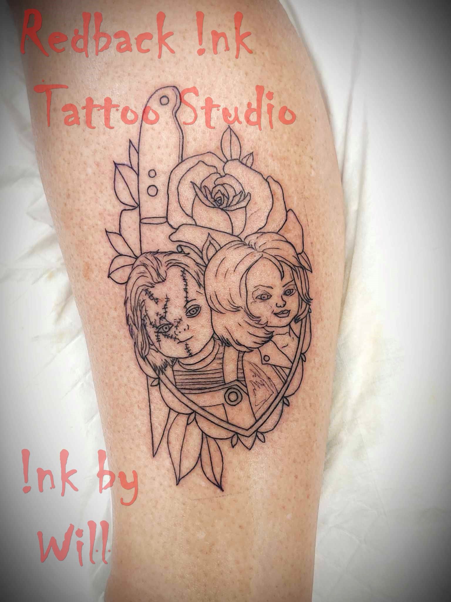 Outline Tattoo of a Heart With Two Faces, a Rose, and Other Elements on a Leg — Redback !nk Tattoo Studio in Kawana, QLD