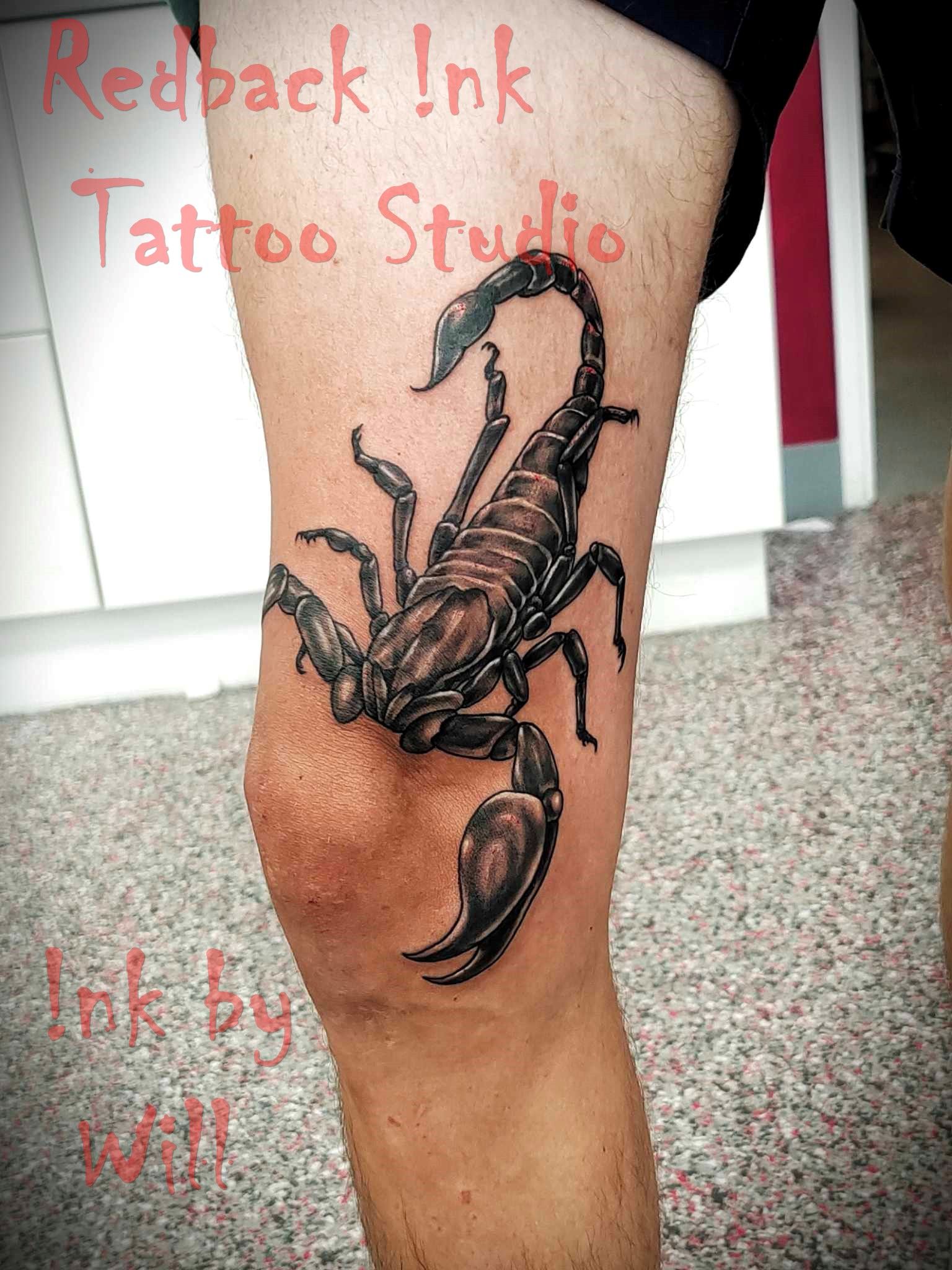 Black and Brown Scorpion Tattoo on a Person's Leg — Redback !nk Tattoo Studio in Kawana, QLD