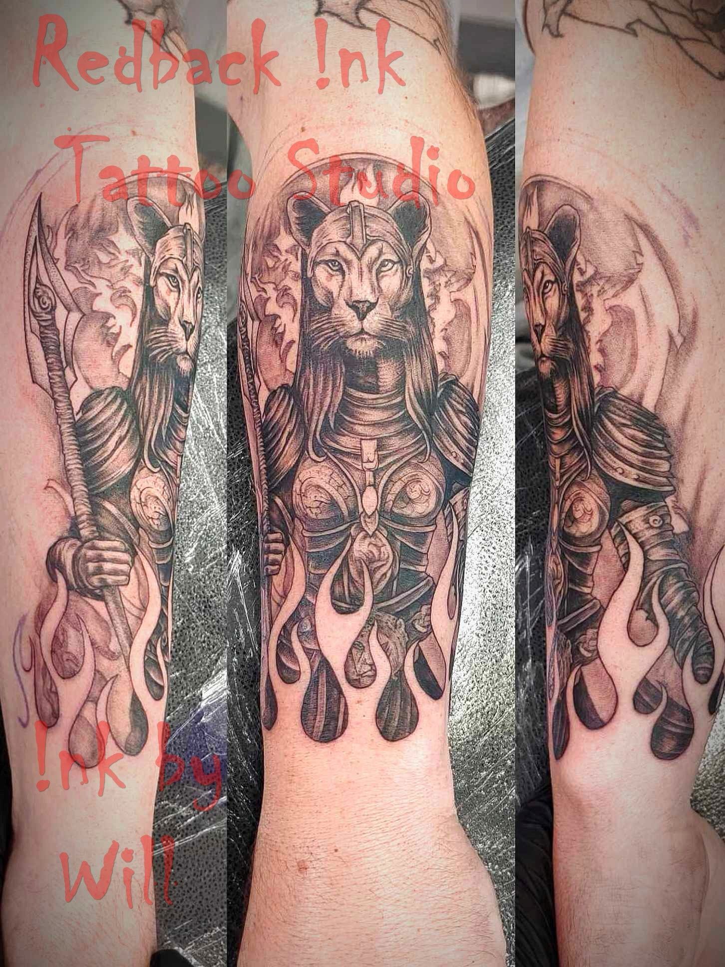 Tattoo of a Lioness Warrior in Armor — Redback !nk Tattoo Studio in Kawana, QLD