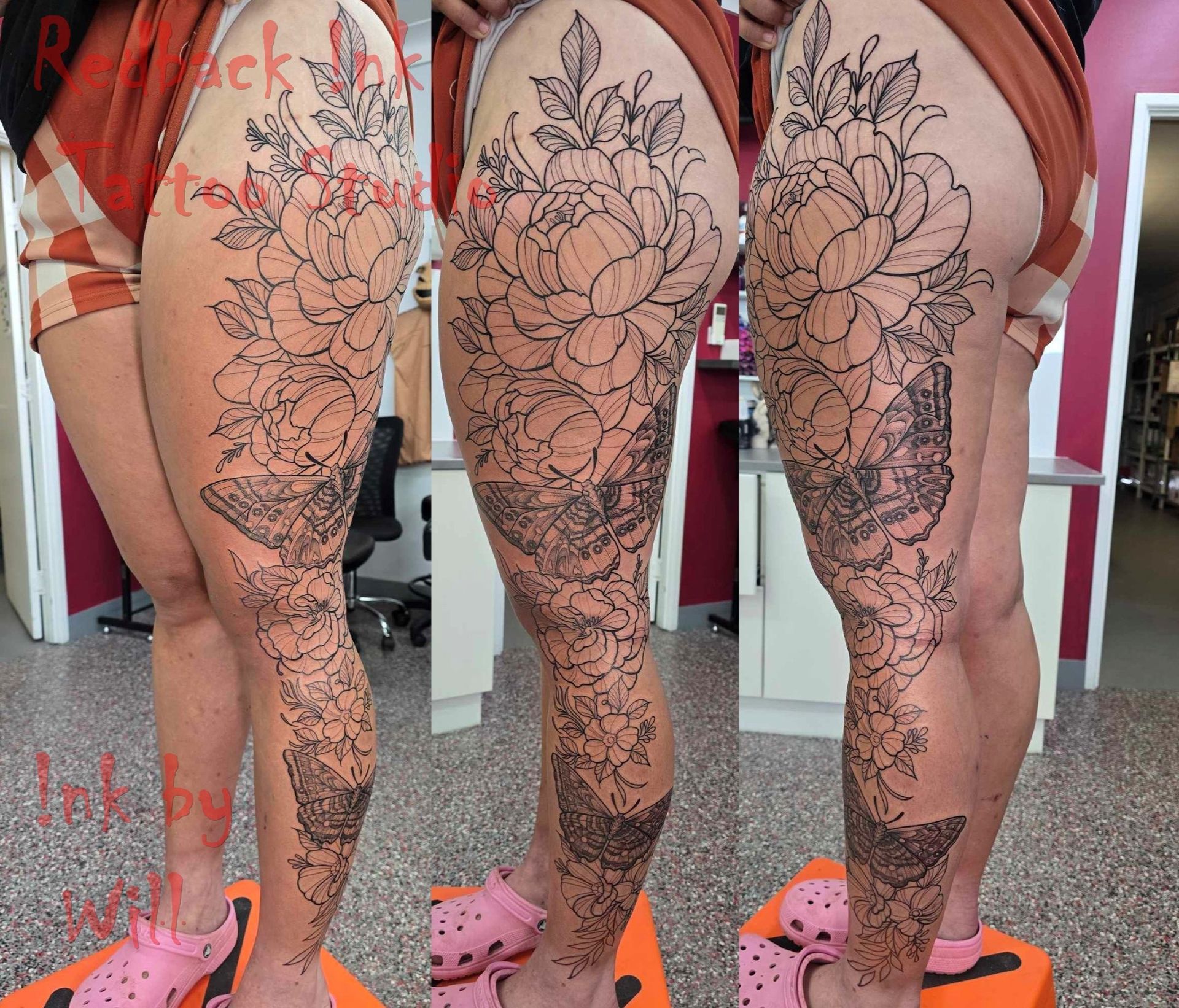 Three Views of a Leg With a Large Flower and Leaf Tattoo in Progress — Redback !nk Tattoo Studio in Kawana, QLD