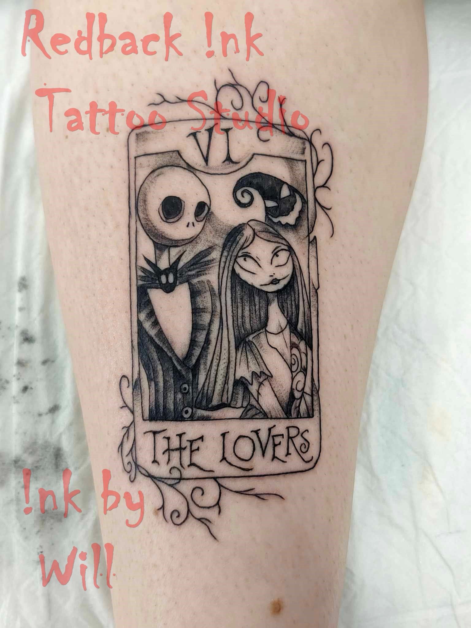 Black and White Tattoo of Jack and Sally From the Nightmare Before Christmas — Redback !nk Tattoo Studio in Kawana, QLD