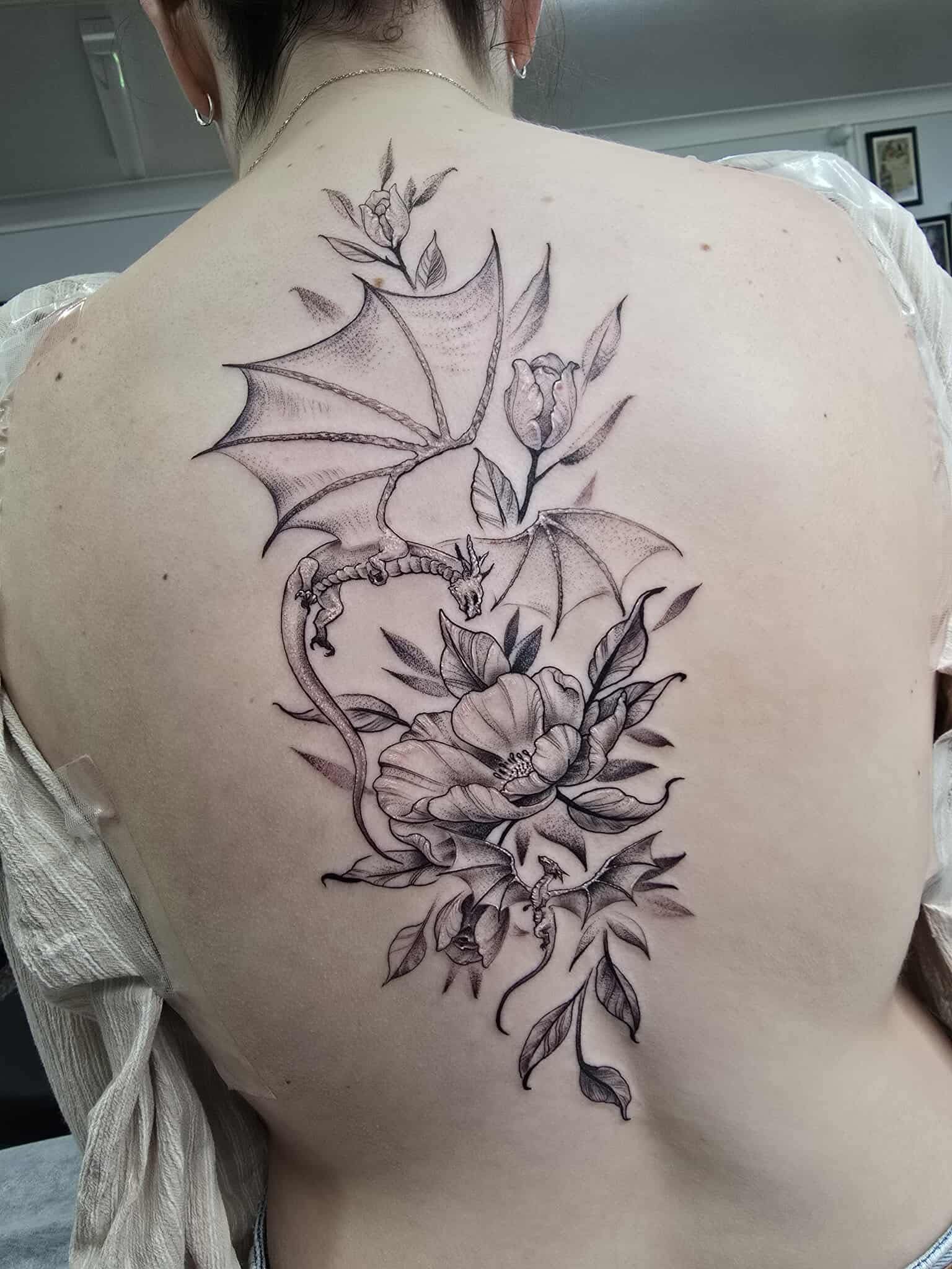 Tattoo on a Back; Dragon With Wings Entwined — Redback !nk Tattoo Studio in Kawana, QLD