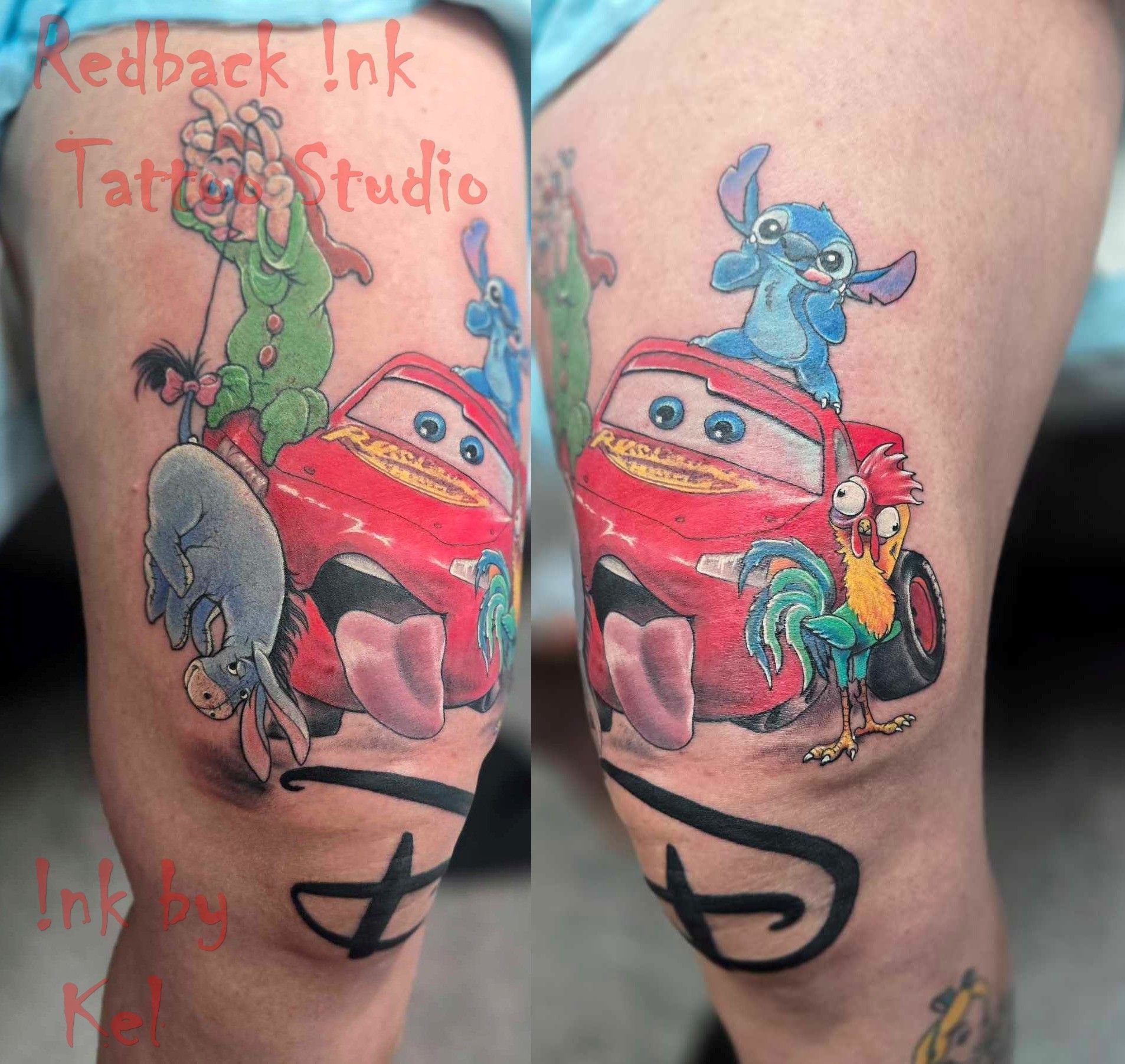 Tattoo of Disney Characters on a Person's Thigh — Redback !nk Tattoo Studio in Kawana, QLD
