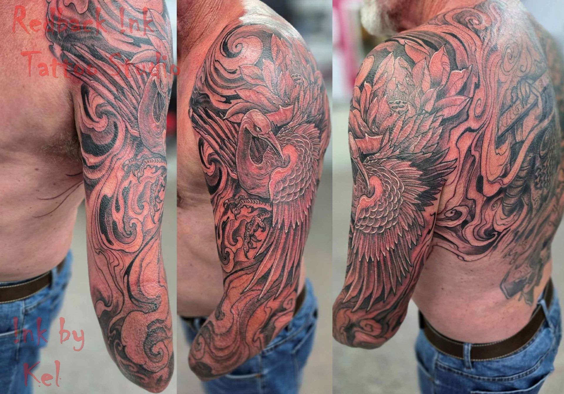 Tattoo of a Red and Black Phoenix on a Man's Arm, Swirls Around It — Redback !nk Tattoo Studio in Kawana, QLD