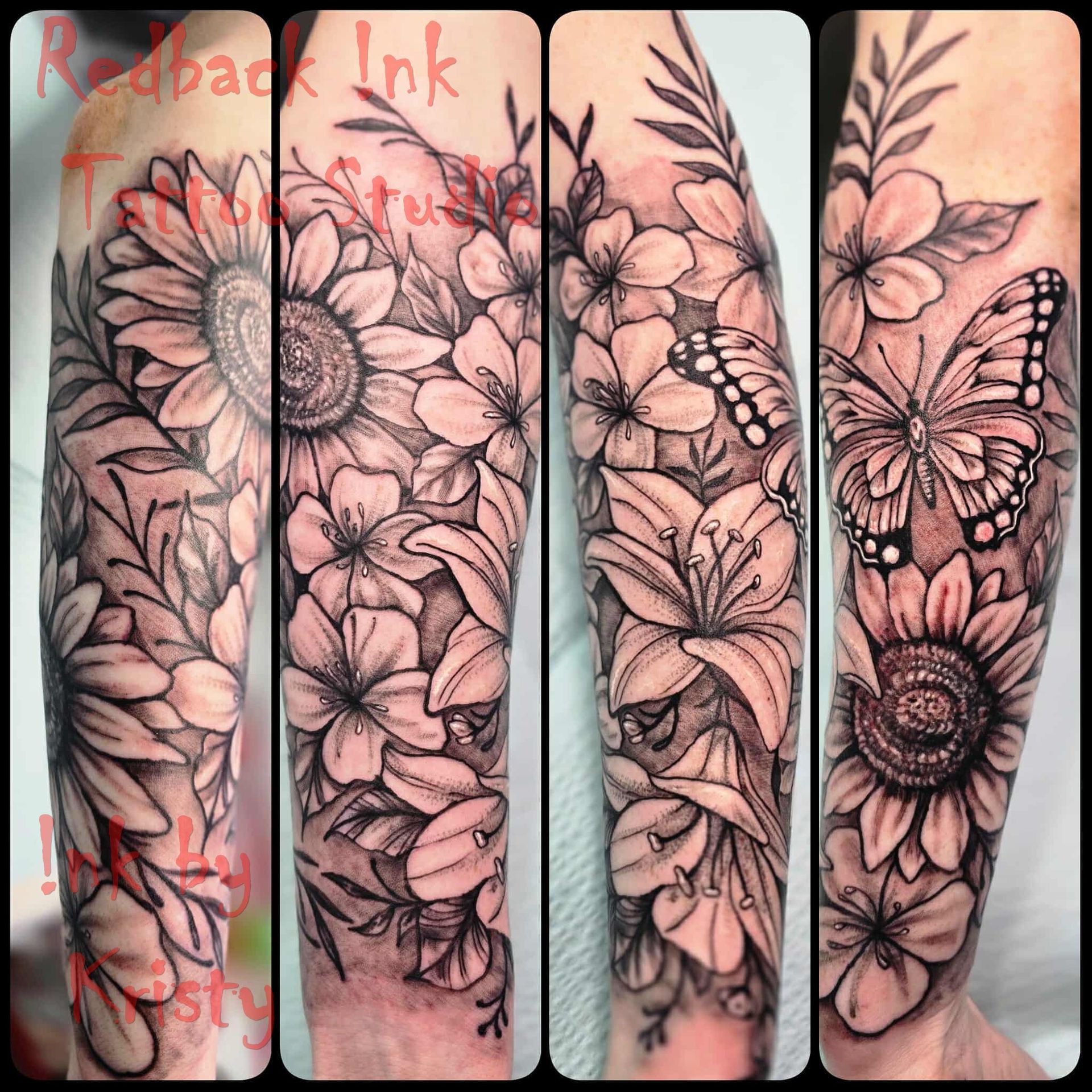 Four Black and White Arm Tattoos: Sunflowers, Lilies, and a Butterfly — Redback !nk Tattoo Studio in Kawana, QLD