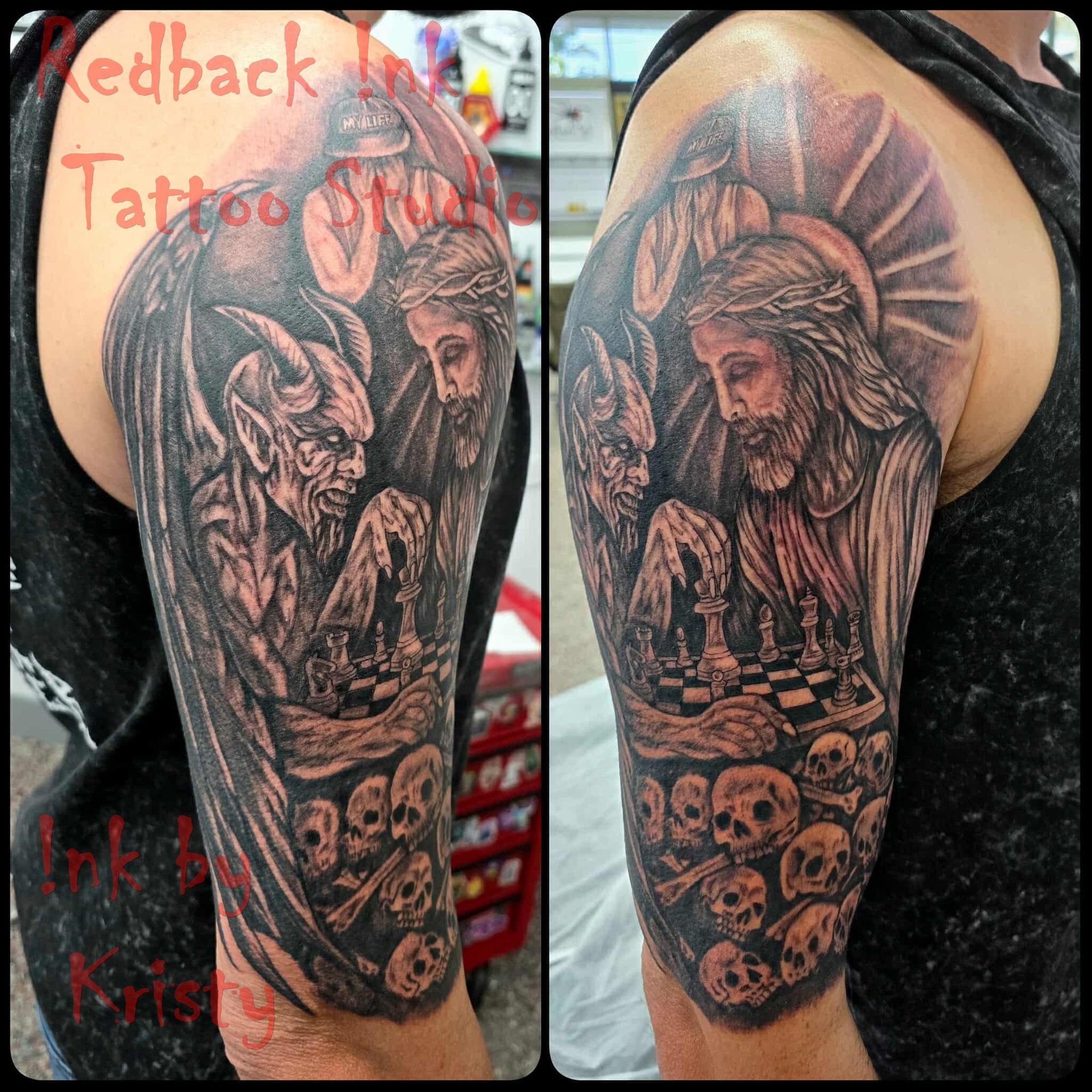 Tattoo of Jesus and demon playing chess over a pile of skulls, on an arm. — Redback !nk Tattoo Studio in Kawana, QLD
