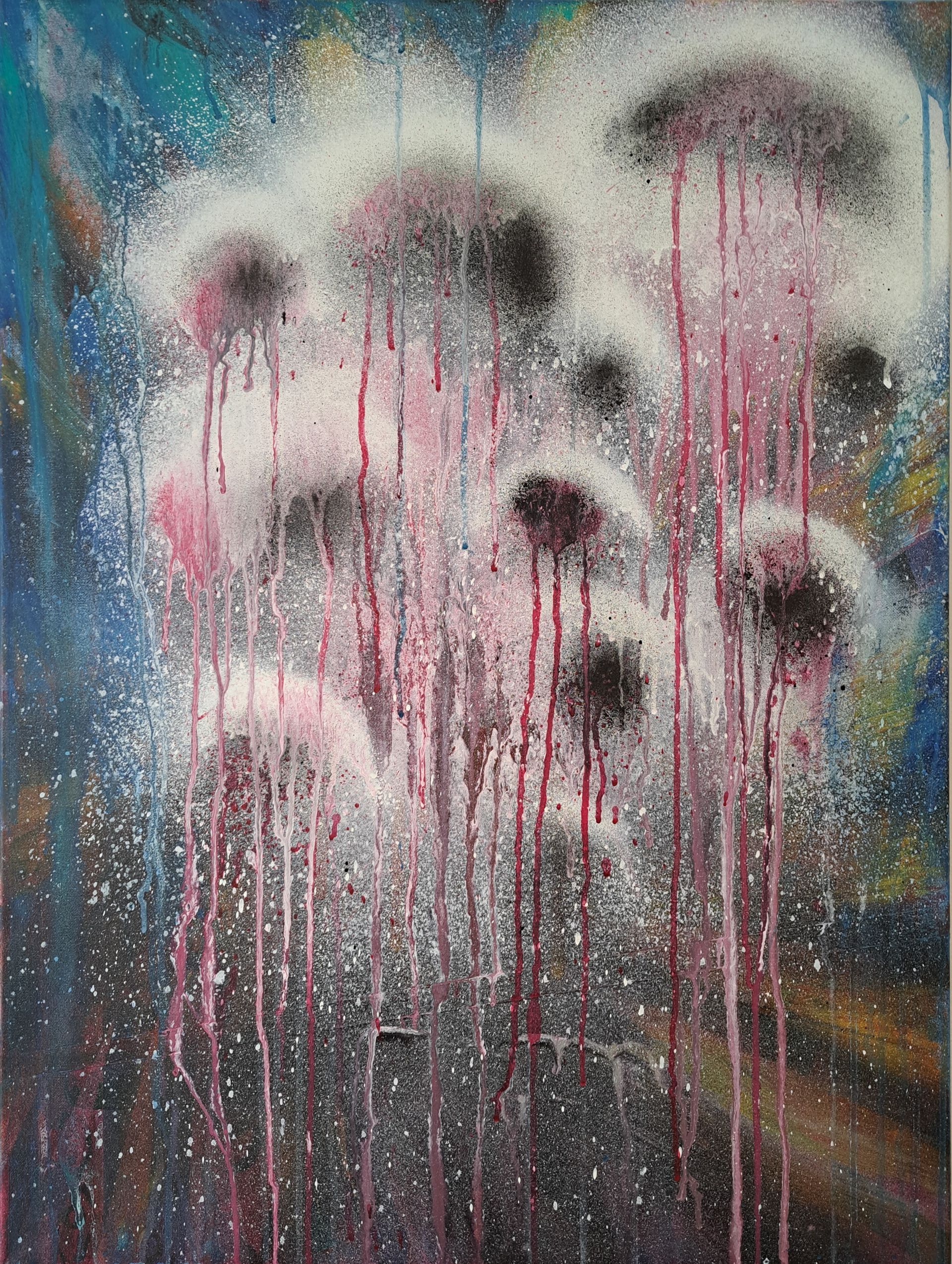 It is a painting of jellyfish coming out of the water.
