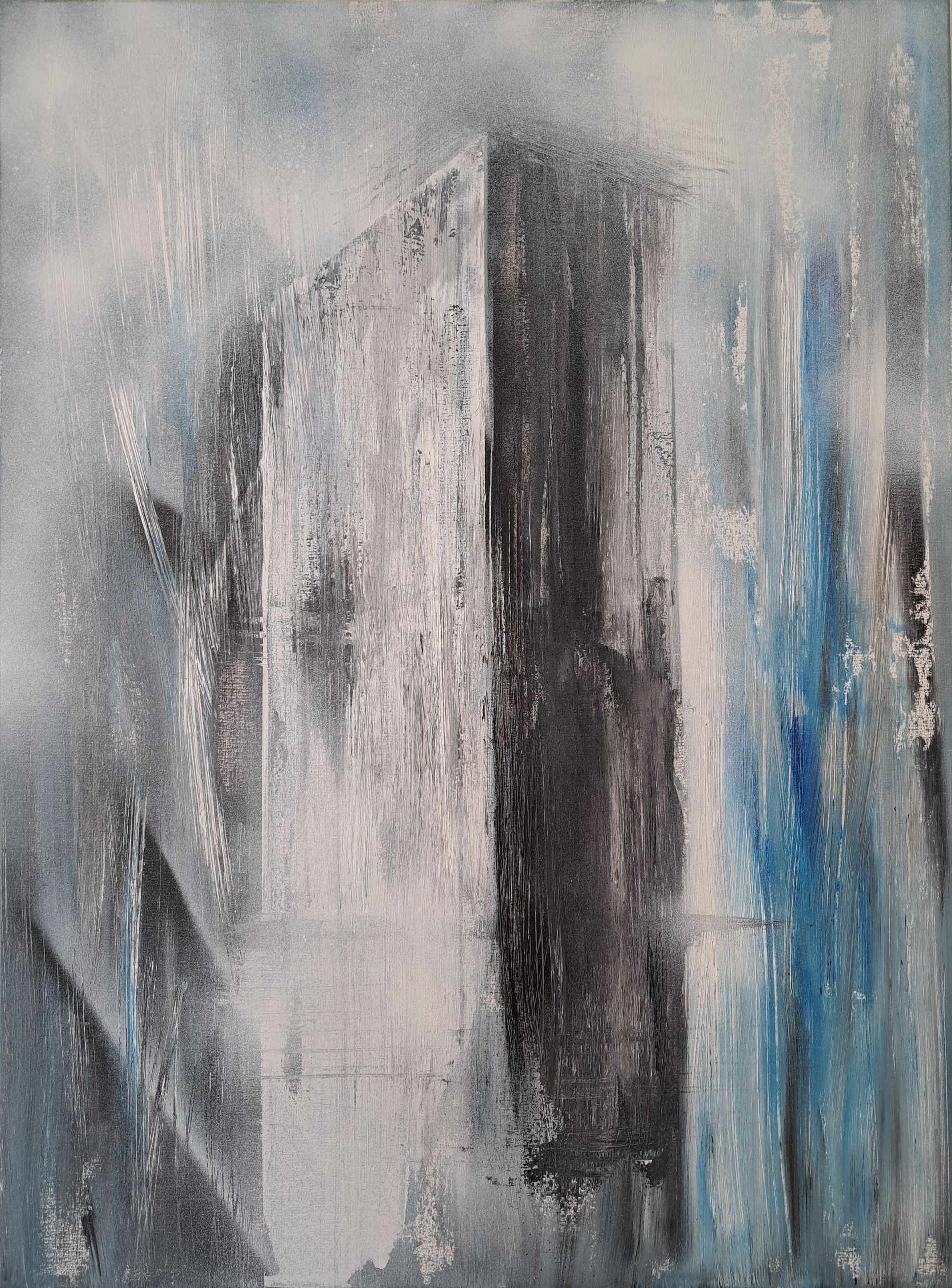 It is a painting of a building in the fog.