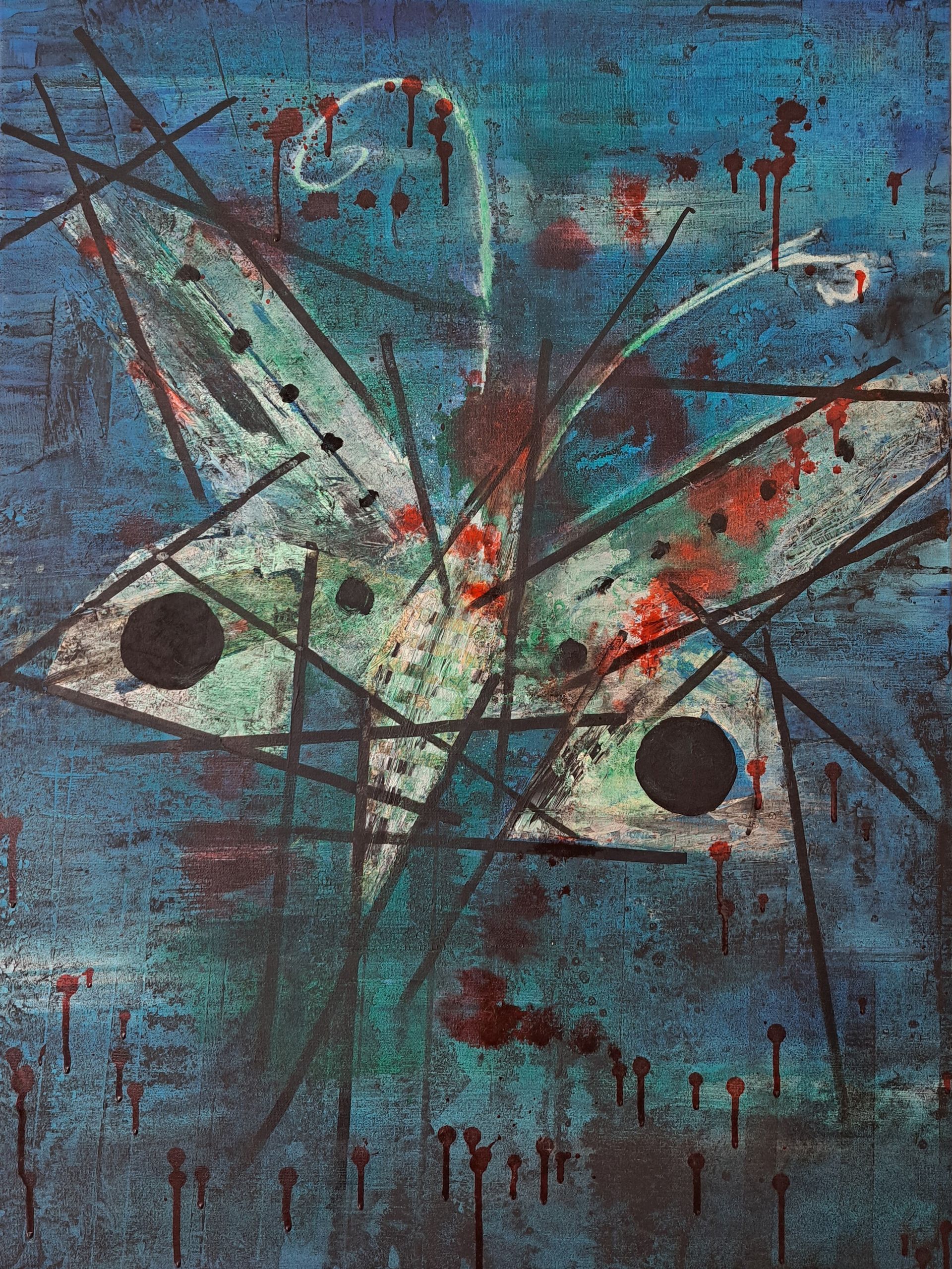 It is a painting of a butterfly on a blue background.