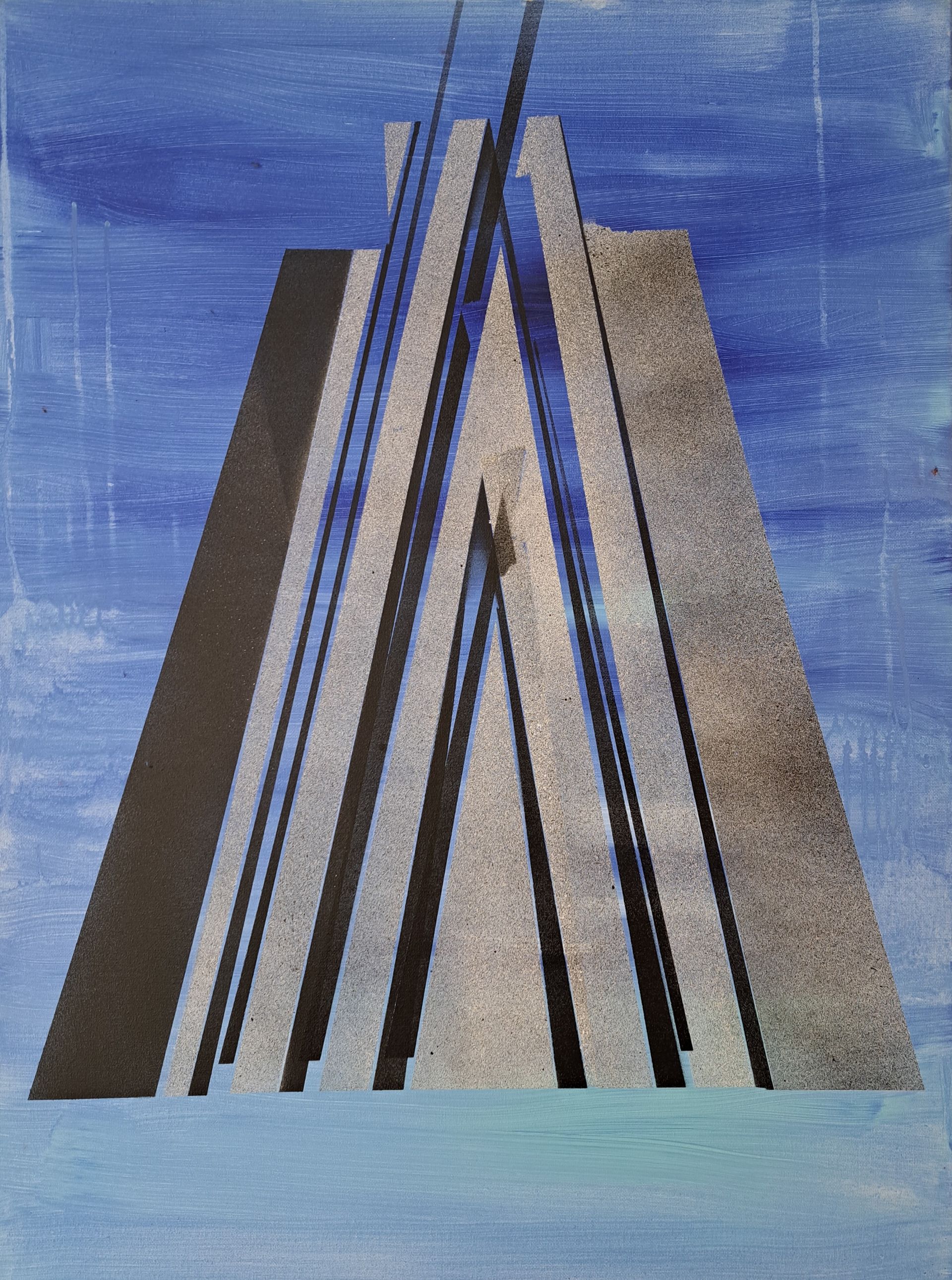 A painting of a building with a blue sky in the background.
