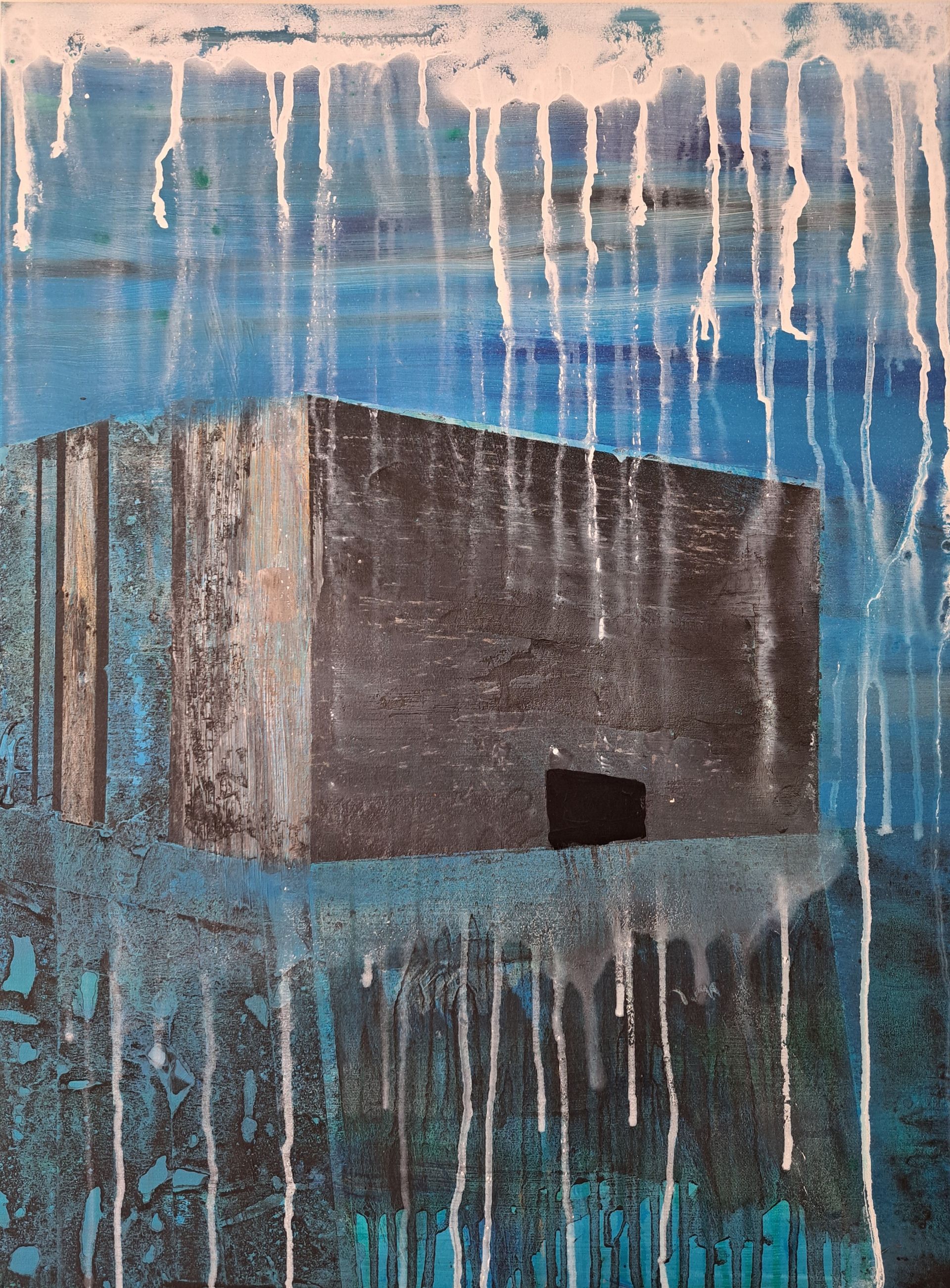 A painting of a building with a blue sky in the background.