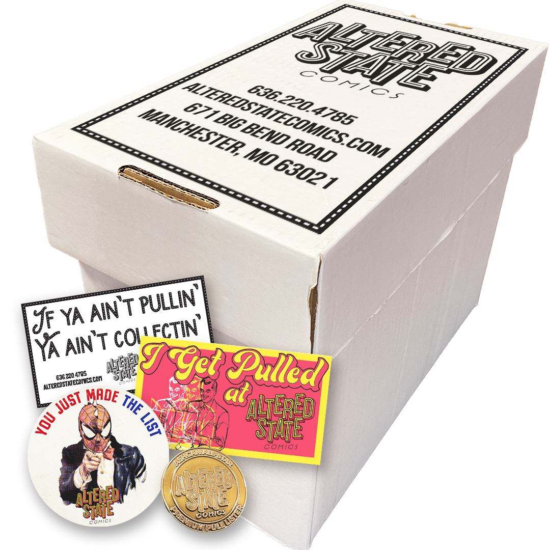 A white comic book storage box with a shop's logo & contact info, and stickers with comic references.