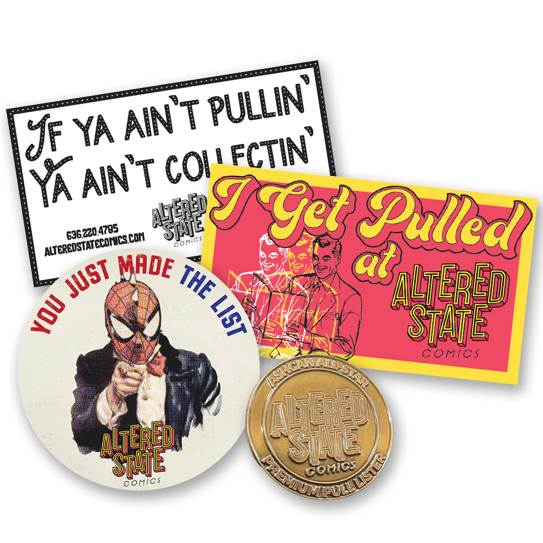Four comic-related collectibles: a button with a Spider-Man figure, a gold coin, and two signs with comic-related phrases.