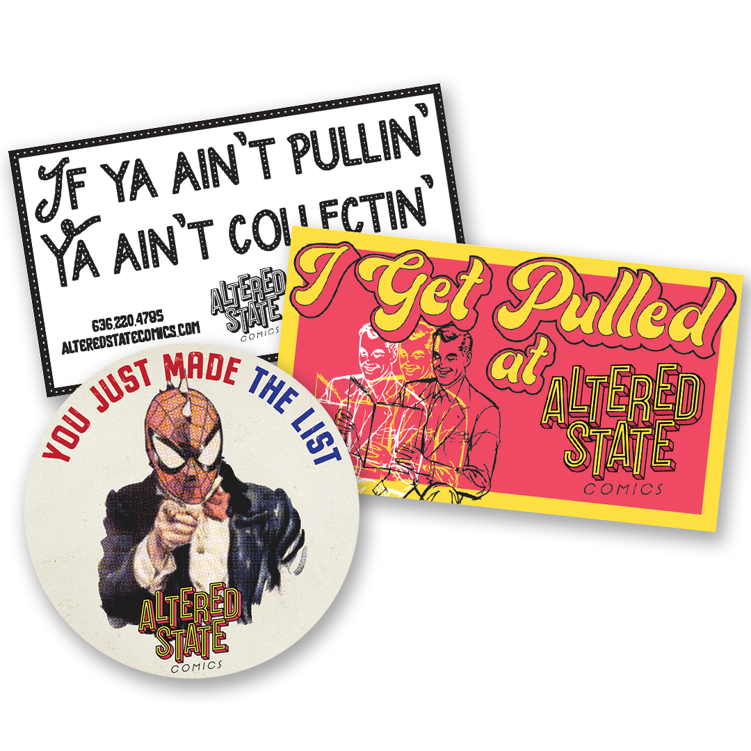 Three comic-themed stickers: