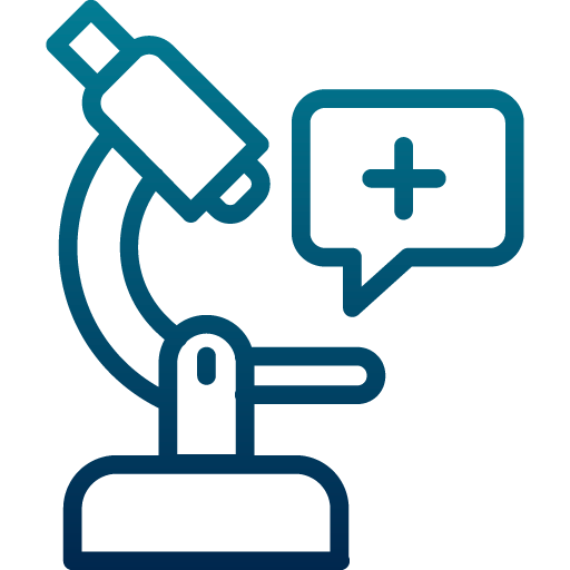 Microscope with speech bubble, plus sign indicates medical or scientific analysis.