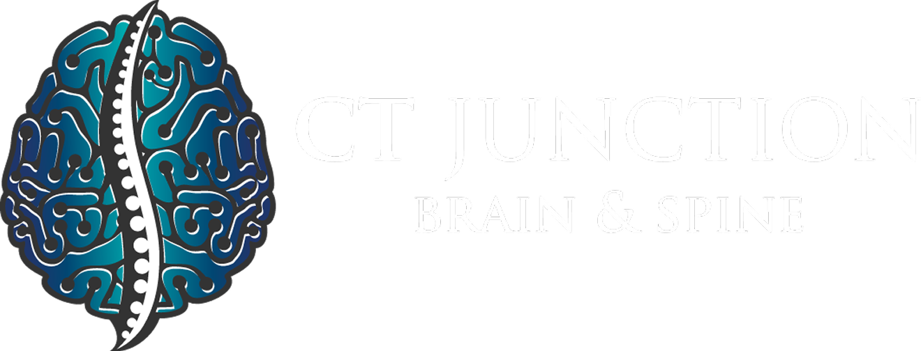 Logo featuring a stylized brain split with a spine. Text reads
