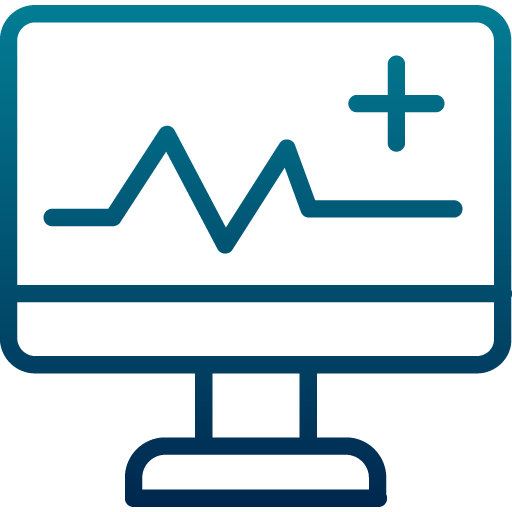Monitor displaying a heart rate graph with a plus symbol, medical setting.