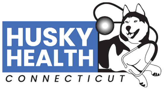 Husky Health Logo: Husky dog with stethoscope, text 