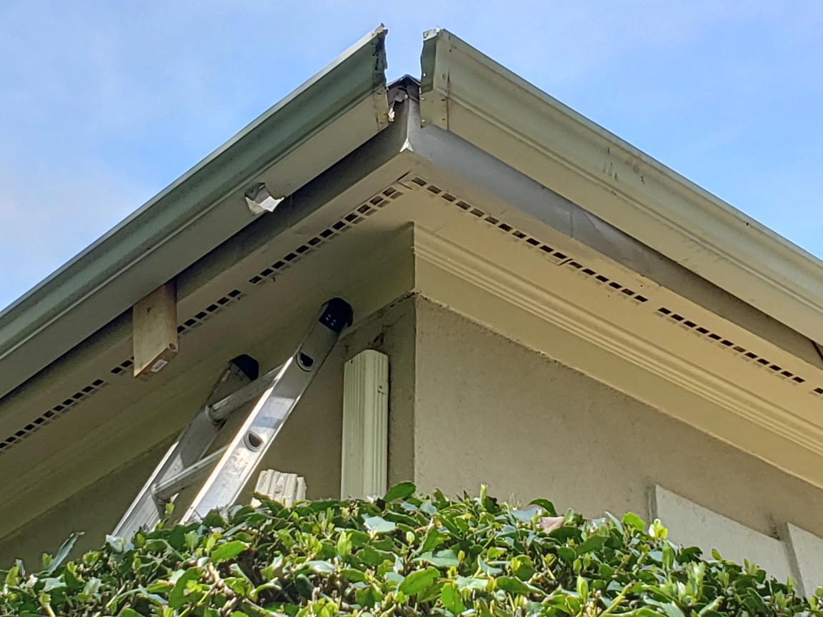 Ladder propped against a house corner with damaged gutters and exposed boards, set against a blue sky.