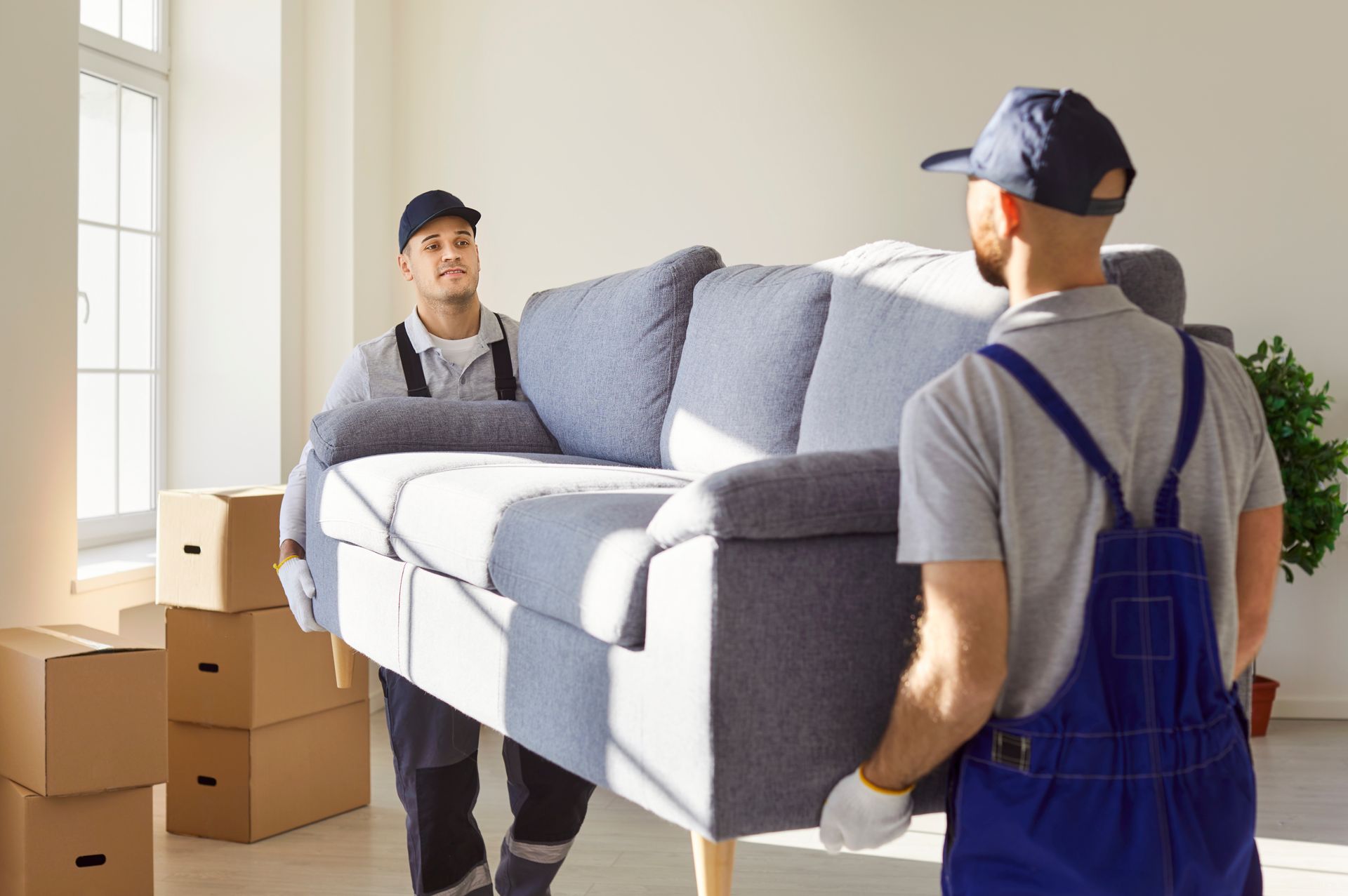 Two movers carrying a gray sofa in a bright room with boxes.
