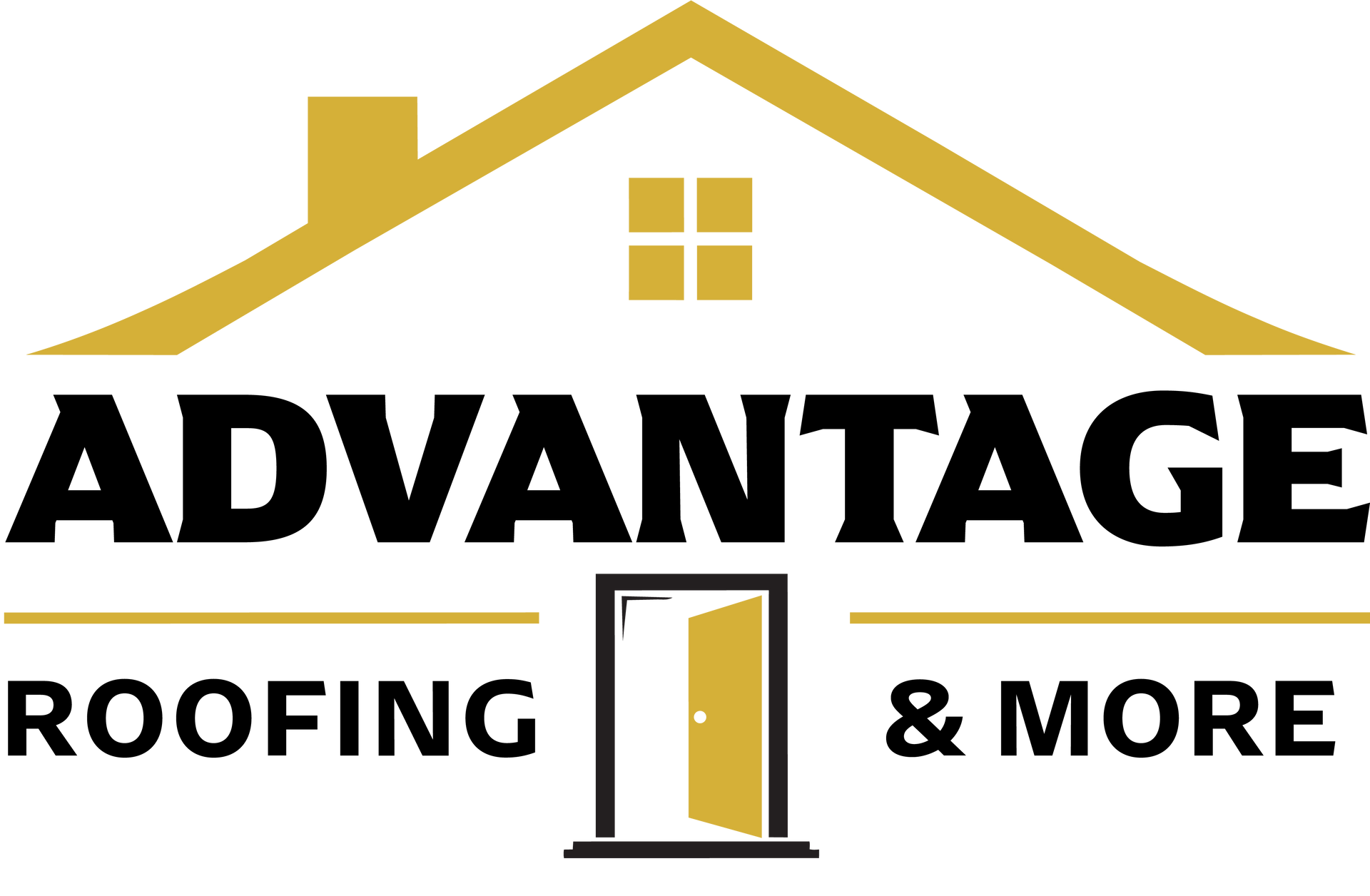 Advantage Roofing & More logo with gold roof and black text on white background