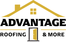 Advantage Roofing & More logo with gold roof and black text on white background