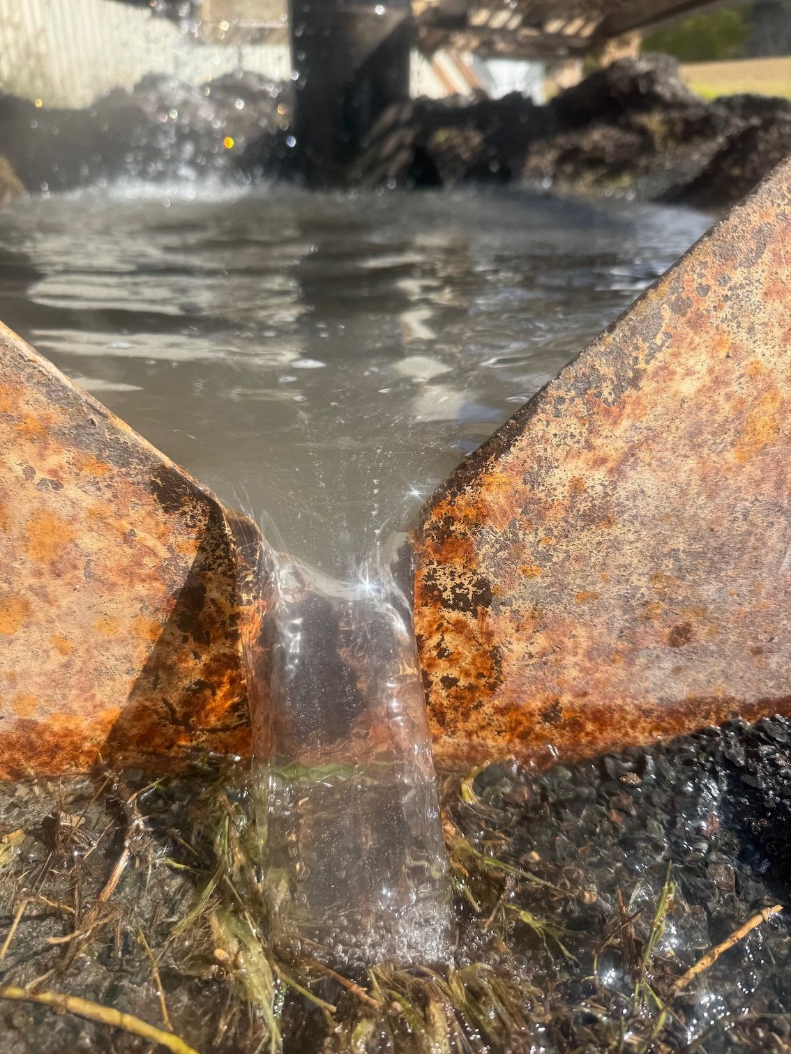 Water sprays out of a rusty metal chute into murky water and vegetation — Kowaltzke Drilling Services in Gatton, QLD 