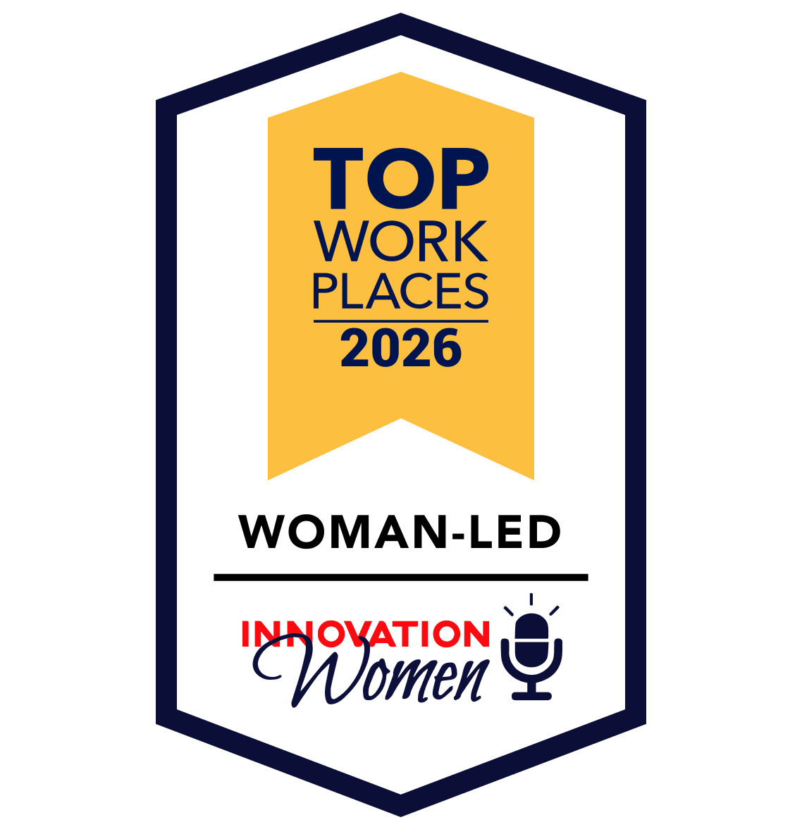 Top Work Places 2026 Woman-Led Innovation Women badge in navy, gold, black, and red