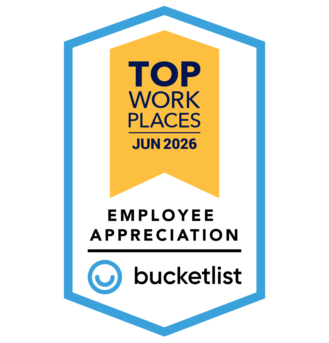 Bucketlist Top Work Places June 2026 employee appreciation badge in blue, gold, and white