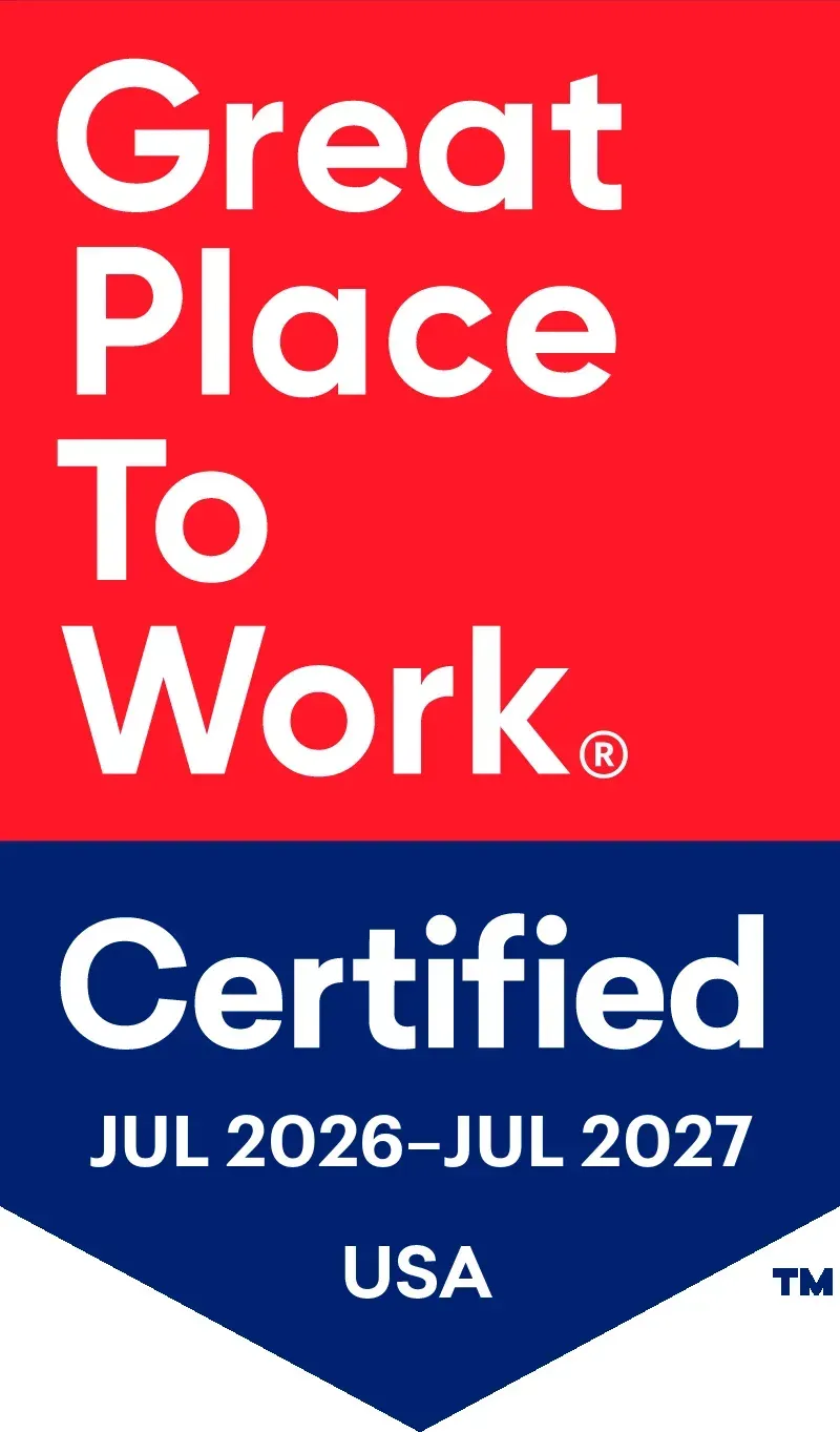 Great Place To Work certified badge, red and blue, USA, Jul 2026–Jul 2027