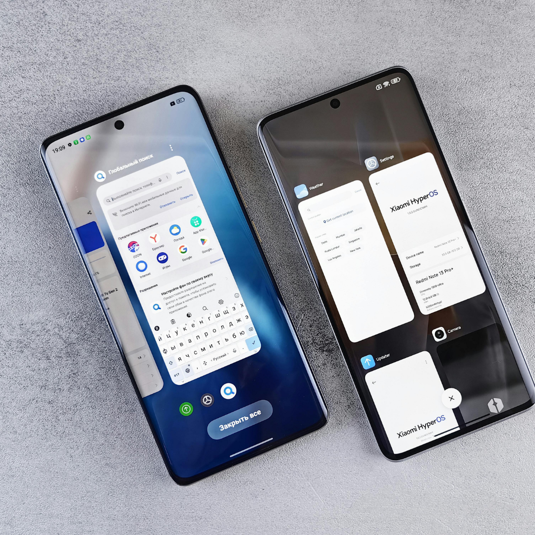 Two smartphones on a gray surface, one showing app settings and the other the app switcher.