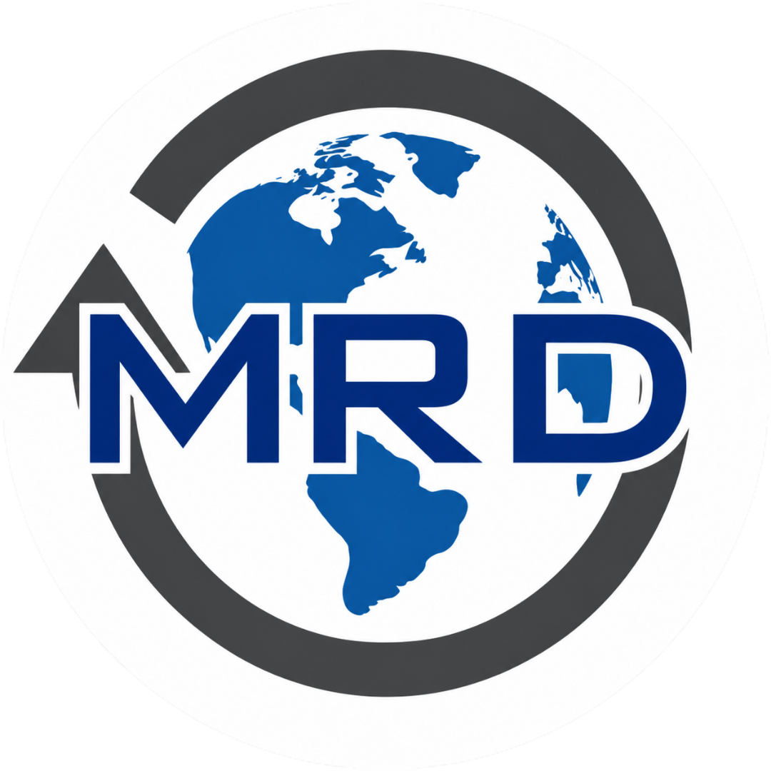 MRD logo over a blue globe inside a dark gray circular arrow