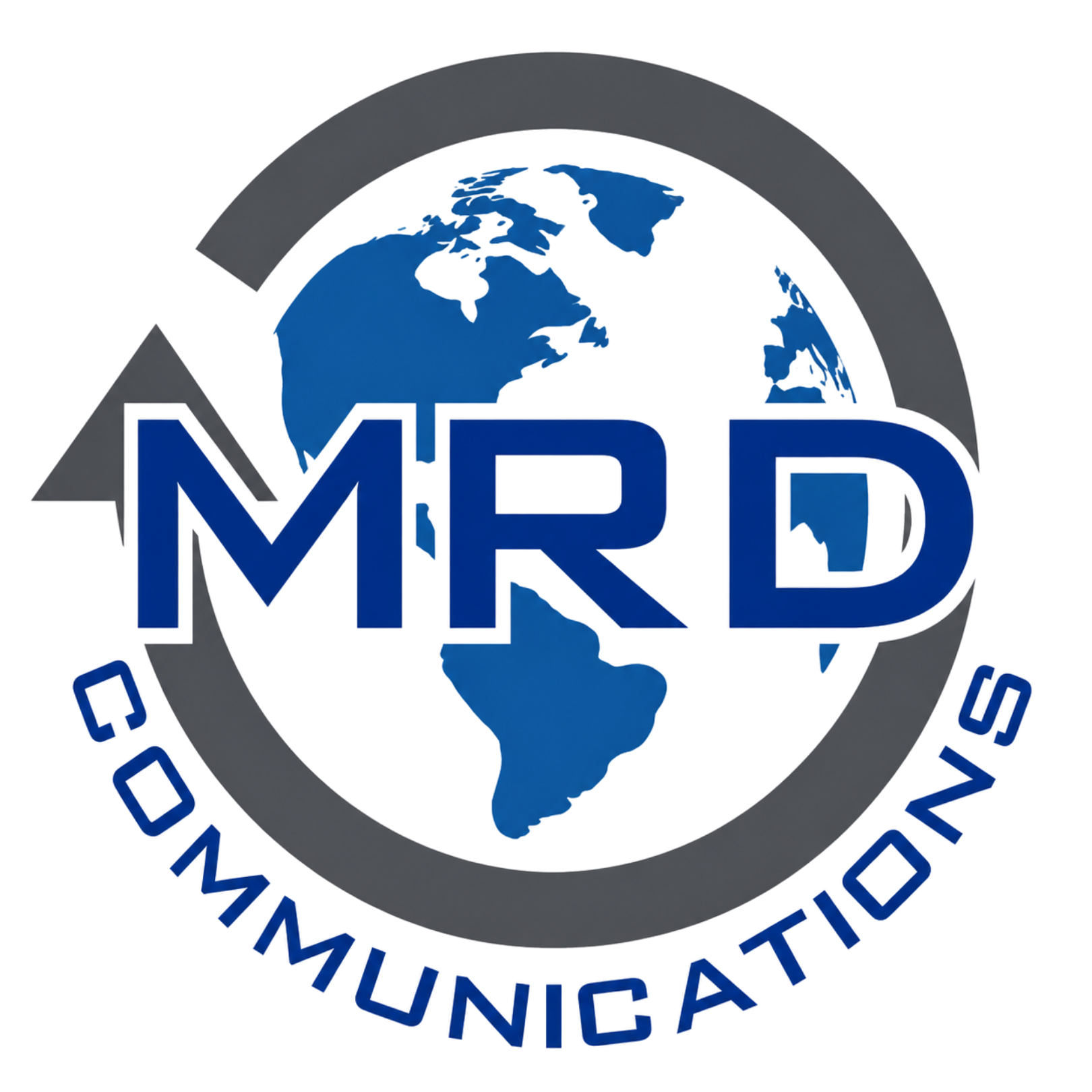 MRD Communications logo with blue globe, circular gray arrow, and bold blue initials