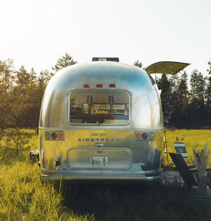 Airstream mobile bar trailer set up for Montana outdoor event